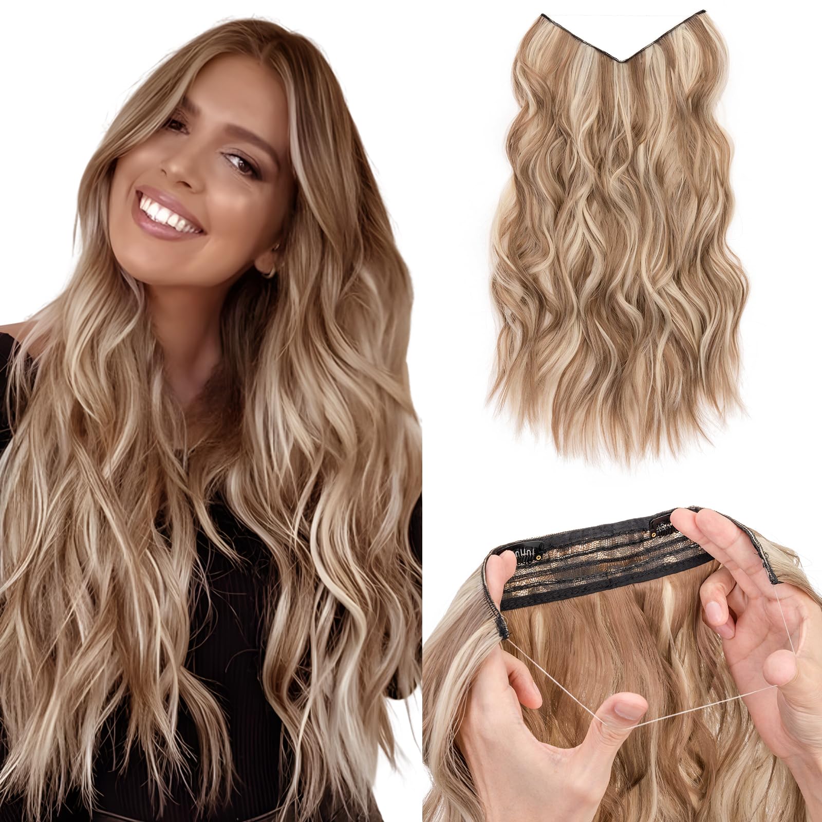 TESS Secret Wire Hair Extension Wavy Invisible One Piece Synthetic Hair Extensions Curly Full Thick Long Adjustable Hairpieces for Women (Bleach Blonde