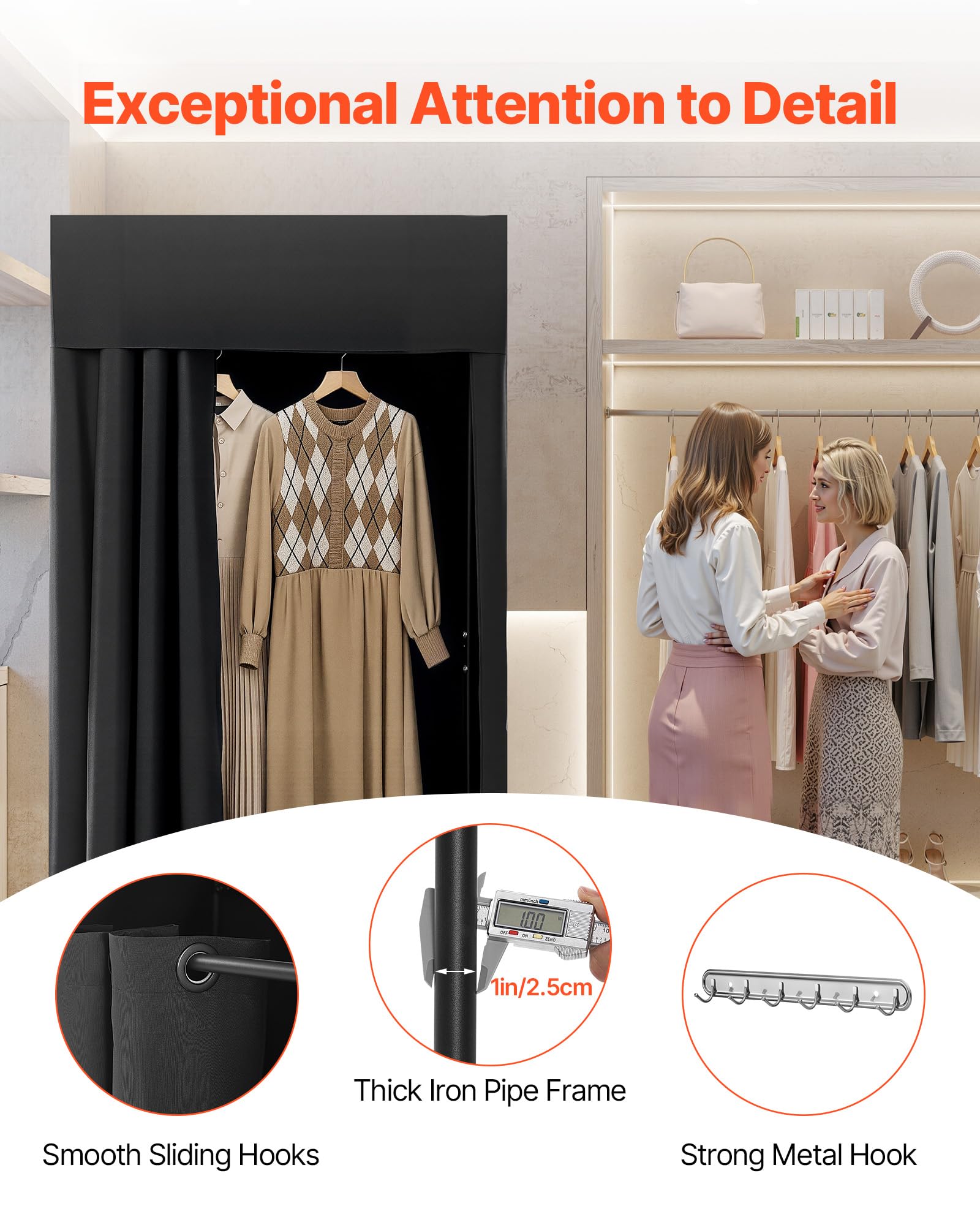 VEVOR Camerino di Prova 99 x 99 x 198 cm Spogliatoio Portatile Mobile con Tende Spesse in Poliestere, Tenda Ombreggiante e Gancio, per Boutique, Centri Commerciali e Attività all'Aperto, Nero