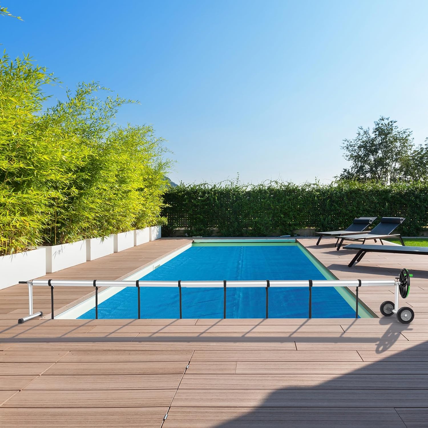 21ft Aluminum Disc Version Aluminum Tube Five Sections Pool Cover Reel Green Portable and Practical, Easy to Use, Stable Wheel Design, Ideal for Swimming Pool Use Load-Bearing 132lbs