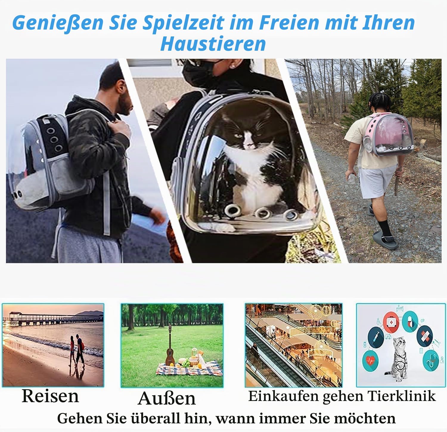 Erweiterbar Katzenrucksack Hunderucksack, Vorderrucksack für Katzen und Kleine Hunde, mit transparentem Fenster und Reißverschluss, für Reisen, Wandern (Rosa, Vorderseite Erweitern)