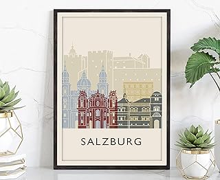 Salzburg Illustration Poster, Salzburg Austria Skyline Poster Cityscape and Landmark Print, Salzburg Home Wall Art, Office Wall Decor - 18x24
