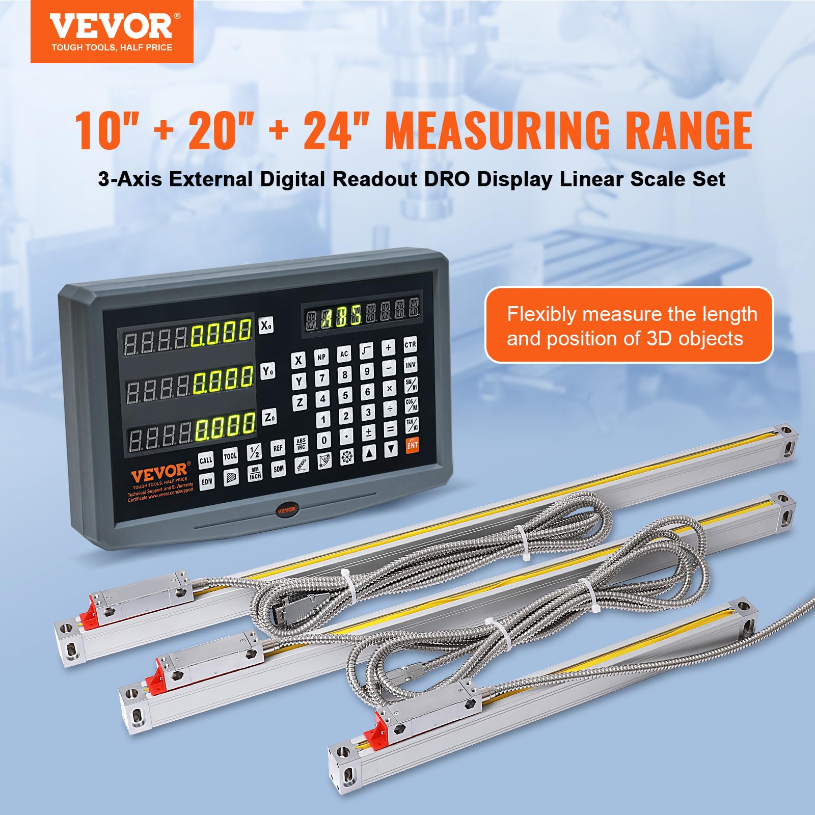 VEVOR Display digitale, 250, 500, 600 mm, scala lineare a 3 assi DRO asta di supporto portacoltelli piastra cavo di alimentazione supporto dell'orologio pezzo a farfalla vite coperchio righello