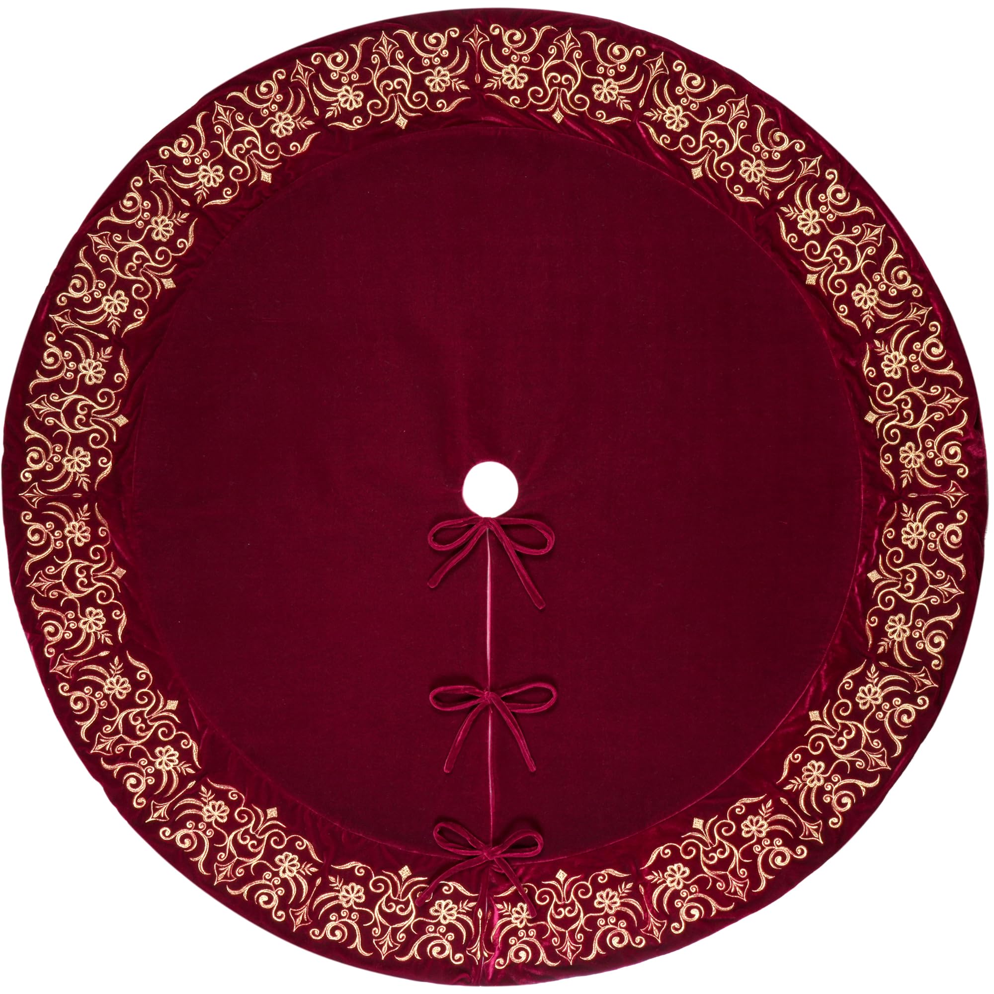 72-Inch Victorian Velvet Christmas Tree Skirt with Gold Damask Embroidery and Plush Lace-Ties, Burgundy
