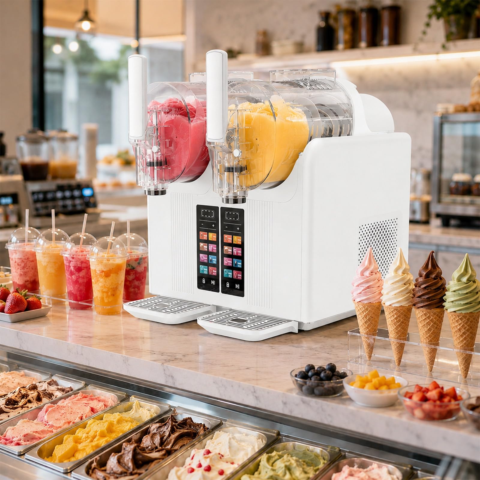 Máquina de Granizados Profesional y Helado Soft 2 en 1, Granizadora de Slush de Doble Tanque con Pantalla Táctil, Dispensador para Sorbetes, Yogur Helado y Bebidas Frías White