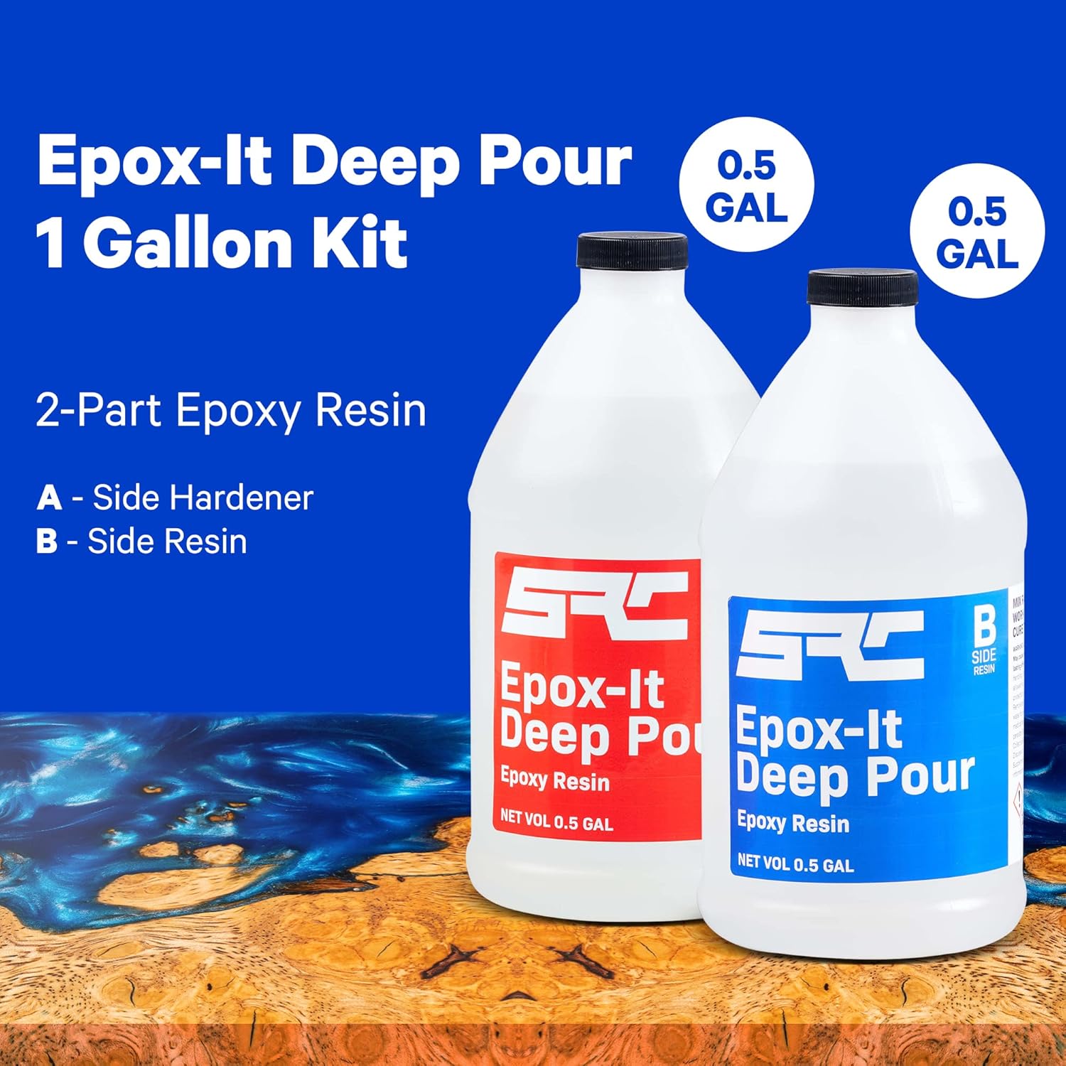 SPRESIN Epox-It Deep Pour Kit, 1 Gal (0.5-Gal Part A + 0-5 Gal Part B) Crystal Clear Epoxy Resin, 1:1 Mix Ratio, Up to 2” Deep, for Casting Art, River Tables, Live Edge Wood, Bar Top, Table Top