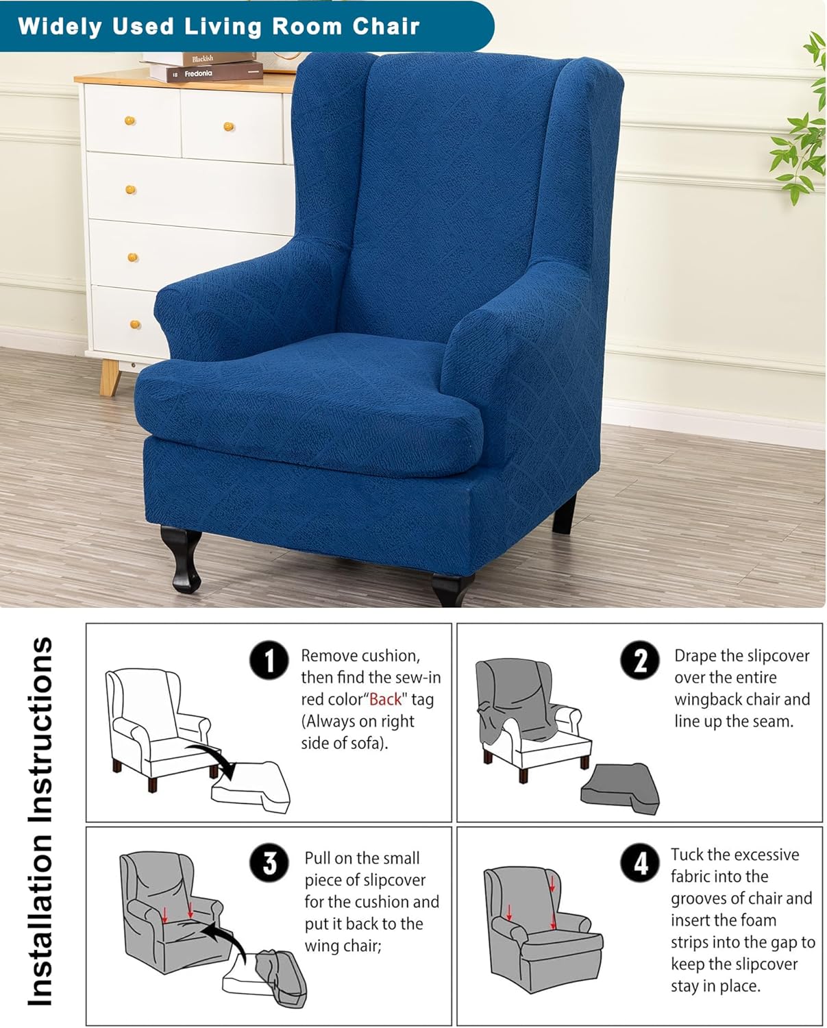CRFATOP 2 Piece Stretch Wingback Chair Cover Jacquard Wing Chair Slipcovers Spandex Fabric Wingback Armchair Covers with Elastic Bottom for Living Room Bedroom Wingback Chair,C25