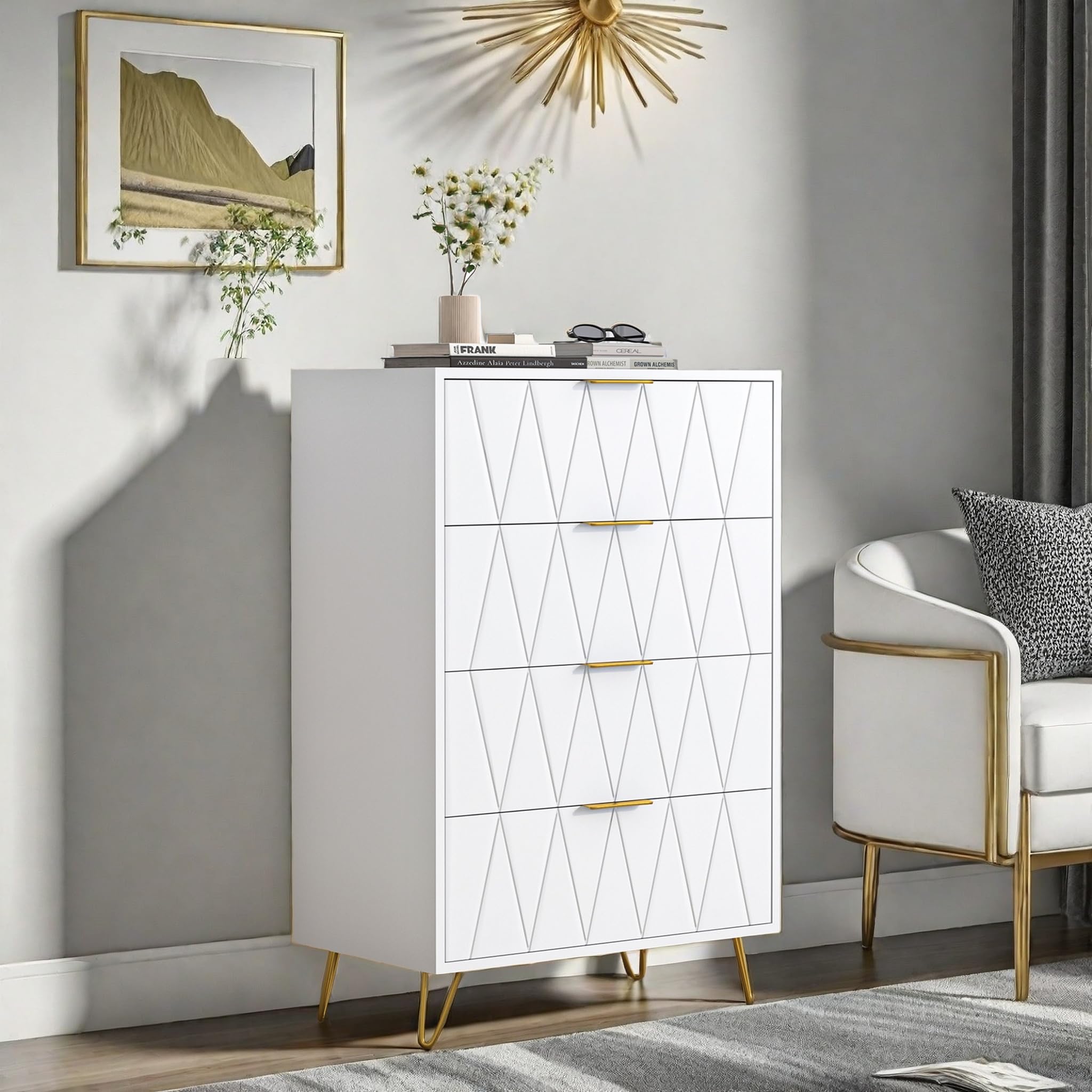 Scandinavian 6-Drawer Chest - Modern Storage Unit with Gold Handles & Legs - Elegant White Design for Bedroom Living Room Hallway Office - Stylish Furniture Solution