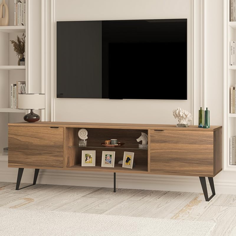 Atelier Mobili Mid Century Modern TV Stand Farmhouse TV Stand Entertainment Center for Living Room, Walnut TV Stand with Glass Shelf, Fits 80 Inch TV, Soft Closing Hinges, Storage for Bedroom
