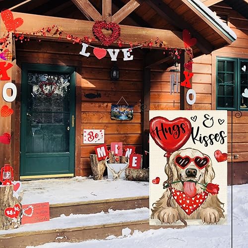 Miniatura 2 de AVOIN colorlife Bandera de jardín para perro del día de San Valentín, 12 x 18 pulgadas, Golden Retriever Hugs Kisses de doble cara, aniversario,