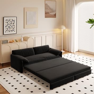 66 Queen Size Sleeper Sofa Bed, Comfy Velvet Pull Out Couches, Black