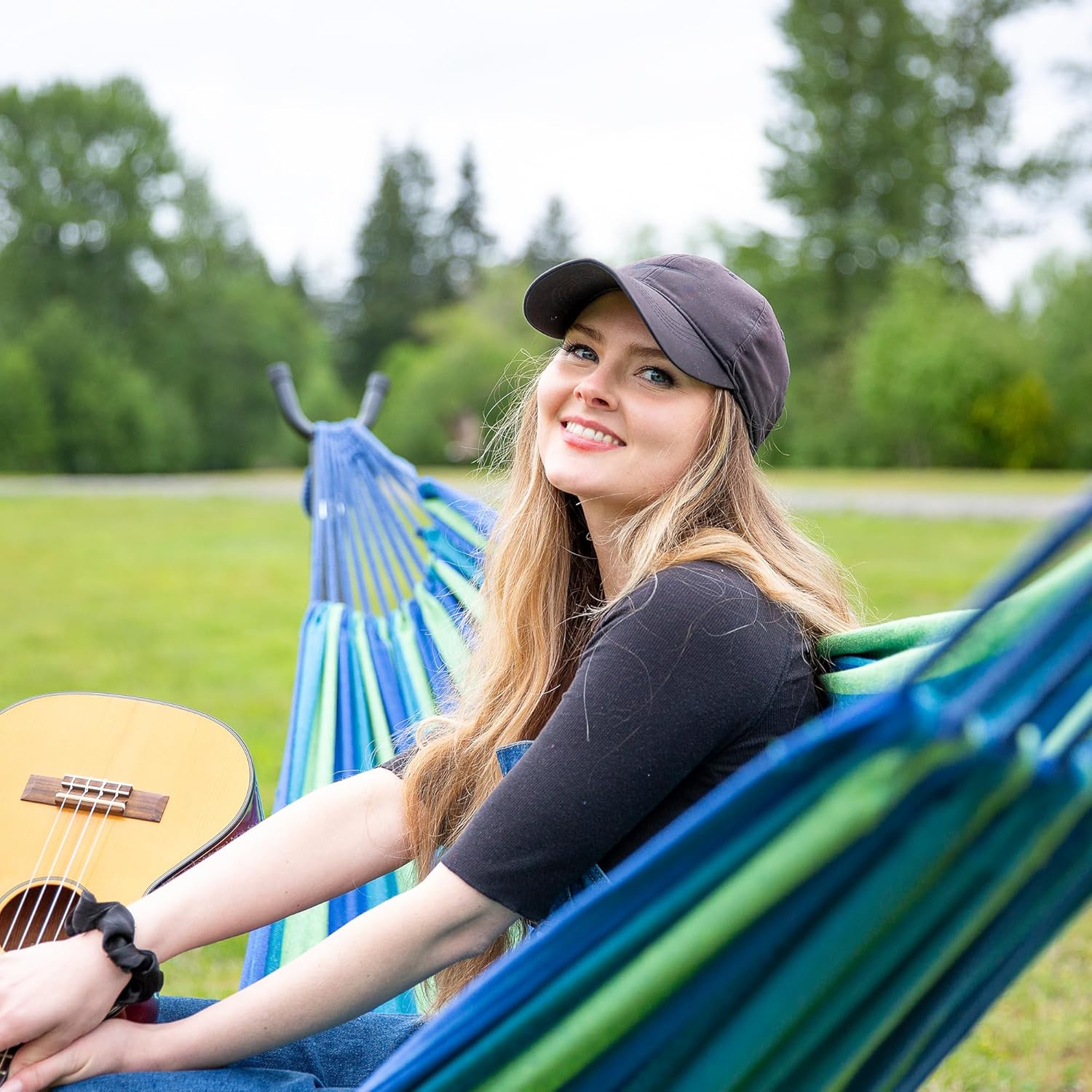suncreat portable outdoor hammock with stand included, double hammock with stand for outside, blue & green stripes blue &green