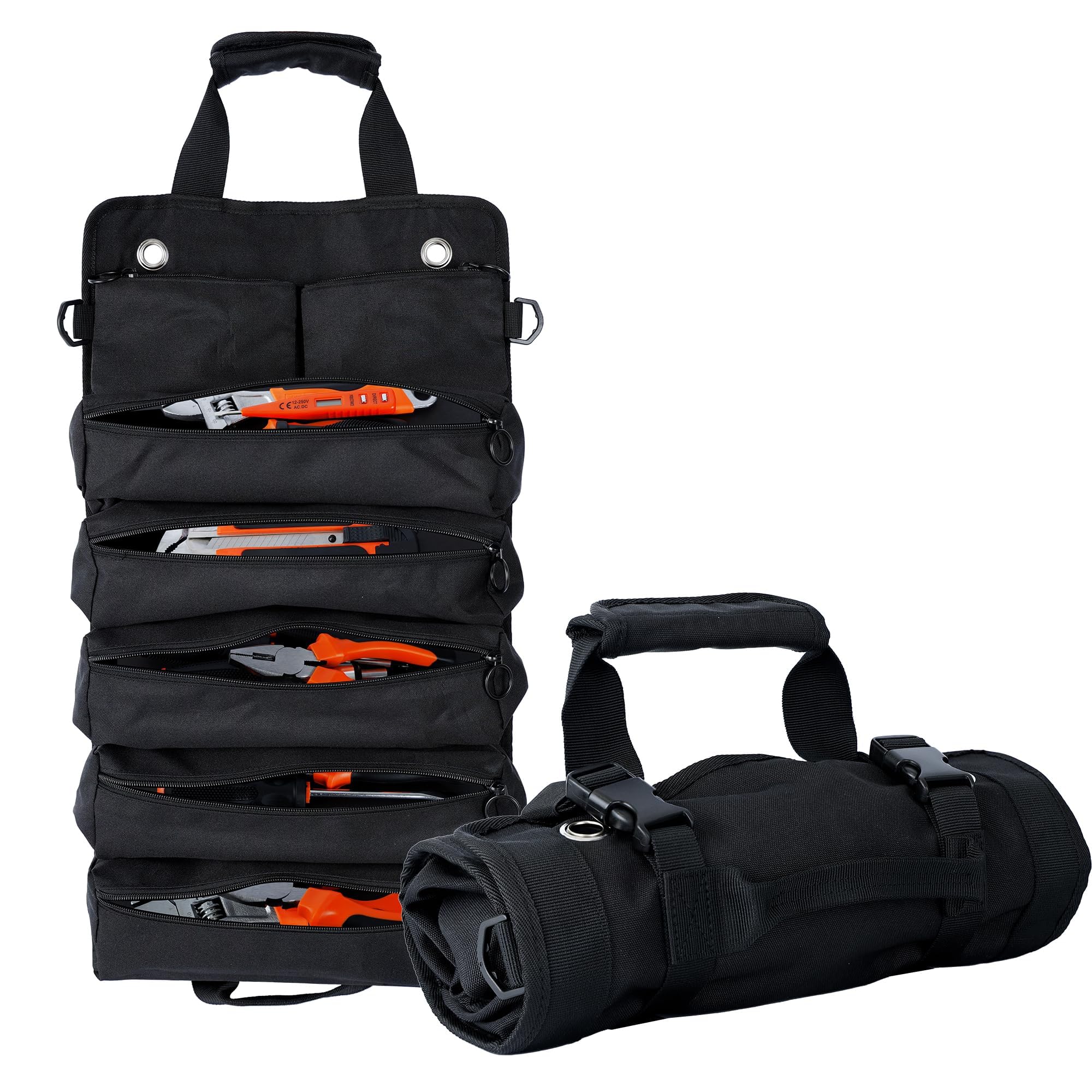 Portable Foldable Roll Up Tool Bag Heavy Duty Tool Organizer Bag with 5 Compartments 2 Detachable Pouches for