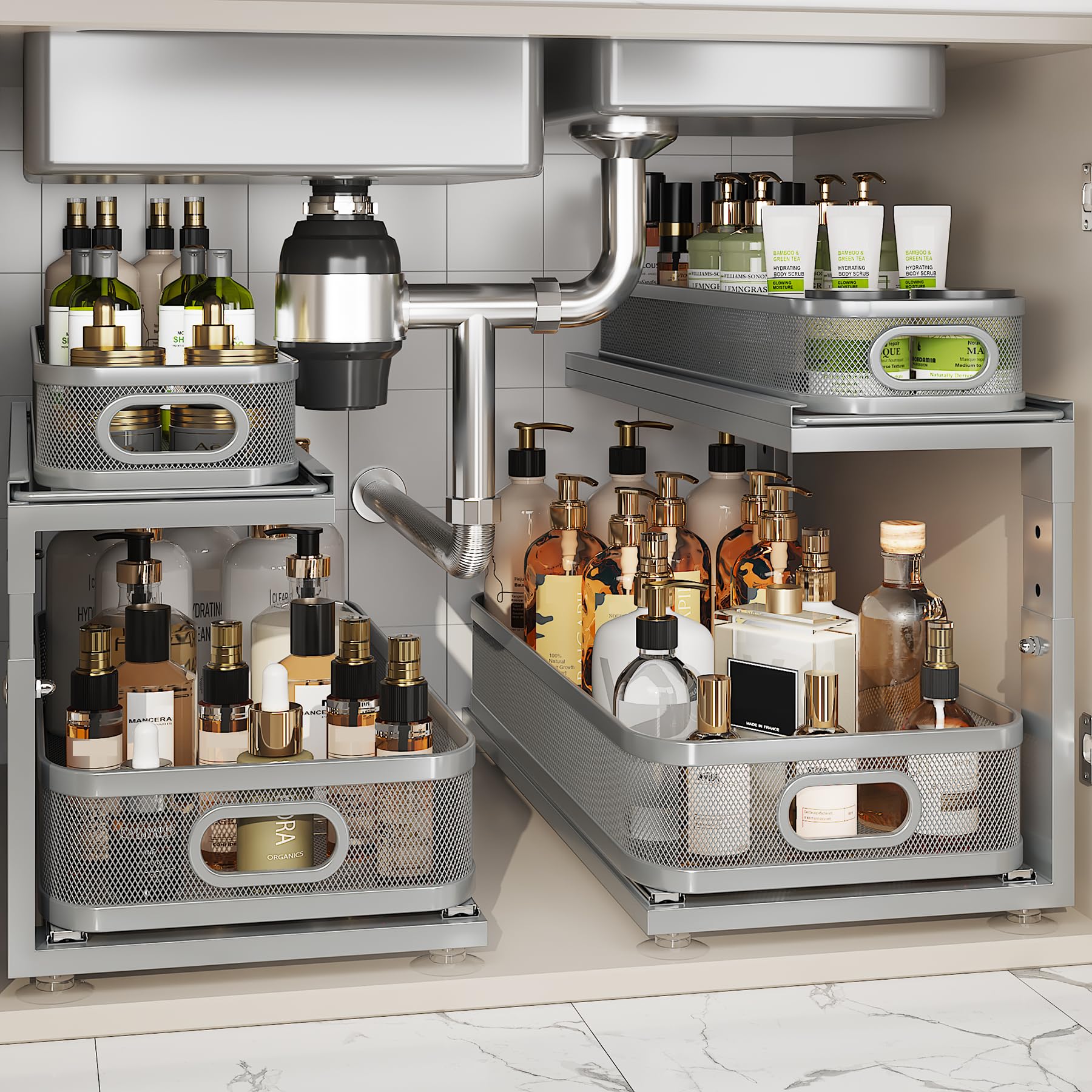 2 Pack 21IN-Depth Under Sink Organizer With Next-Gen Ball-Bearing Slides,2-Tier Precision Mesh Pull Out Cabinet Storage for Bathroom&amp;Kitchen,Height Adjustable Drawers Shelf,Anti-rust-Grey