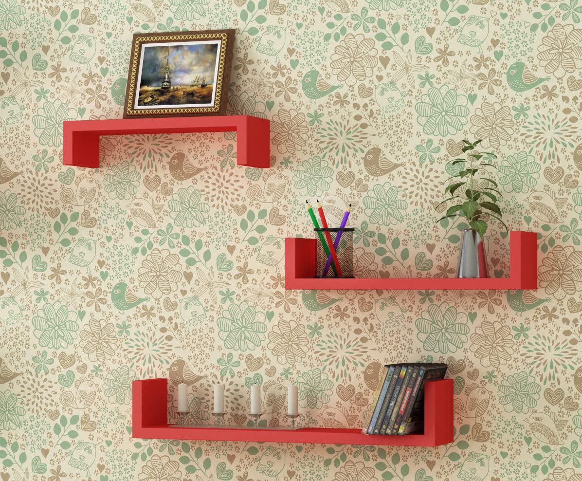 Étagère murale en bois rouge lot de 3 étagères flottantes de rangement