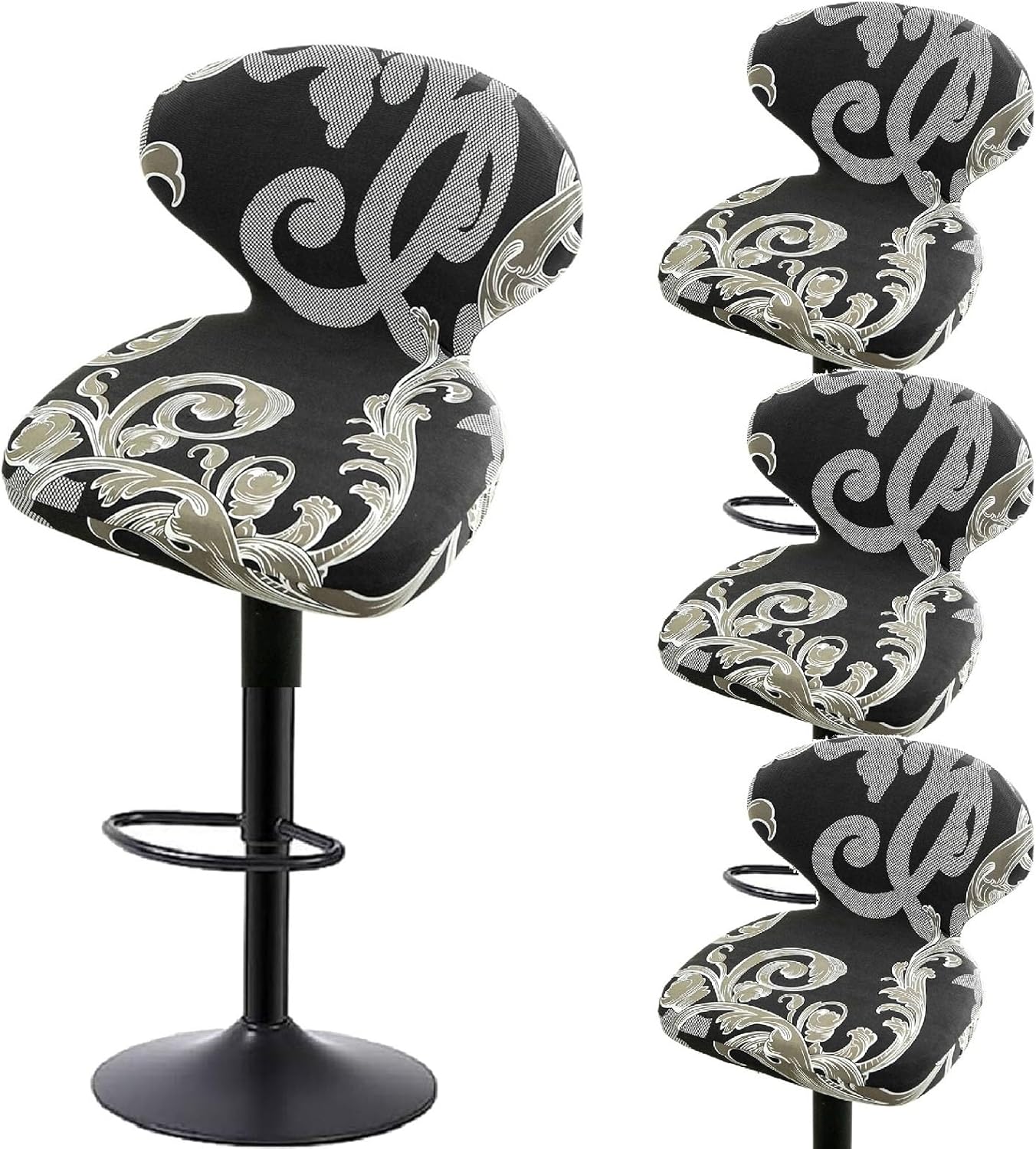 Black Bar Stool Cover Curved Barstool Covers Set of 4 Printed Soft Spandex Barstool Slipcover Removable Washable Swivel Stools Slipcovers for Office Dining Room Kitchen,(Black6,4pcs)