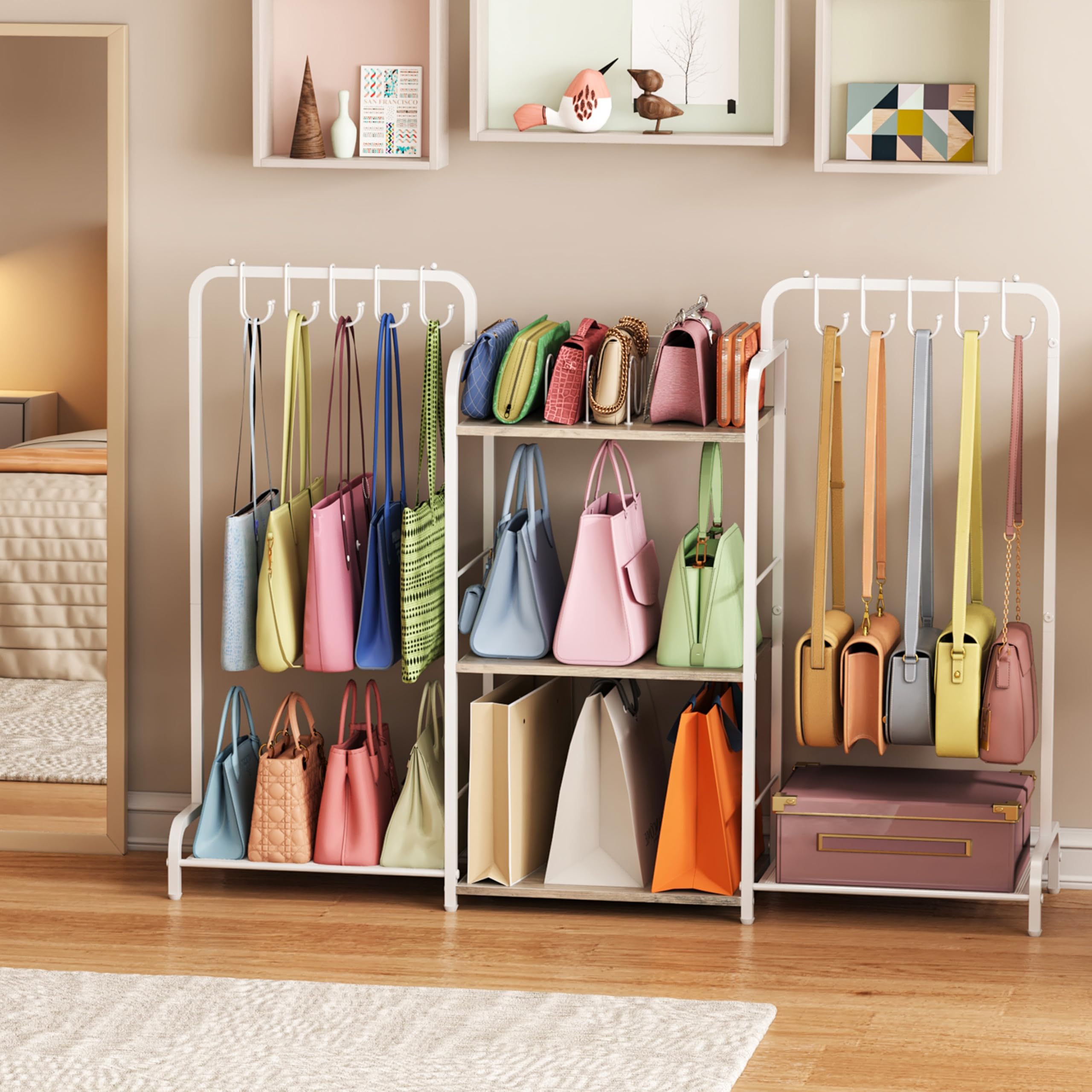 Organizador de bolsos con 2 ganchos para guardar bolsos, organizador de bolsos de alta capacidad con 10 ganchos ajustables y 3 divisores, soporte para bolso para sistema de armario, soporte para bolsa