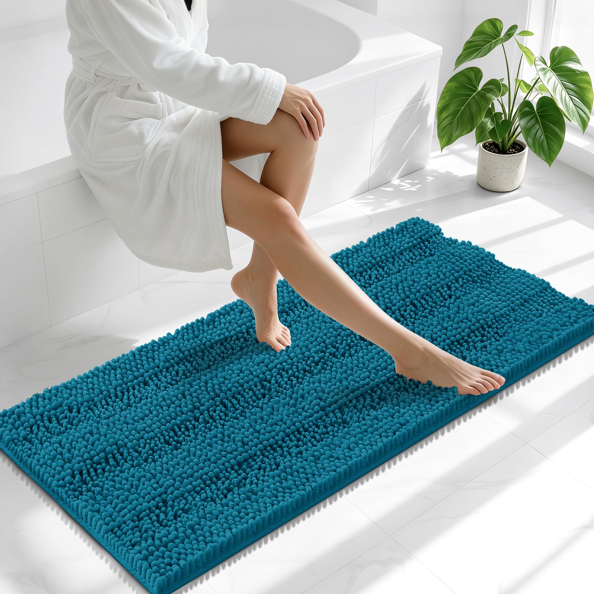 Smiry Thick Chenille Bathroom Runner Rugs 47x20, Bath Mat, Peacock Blue