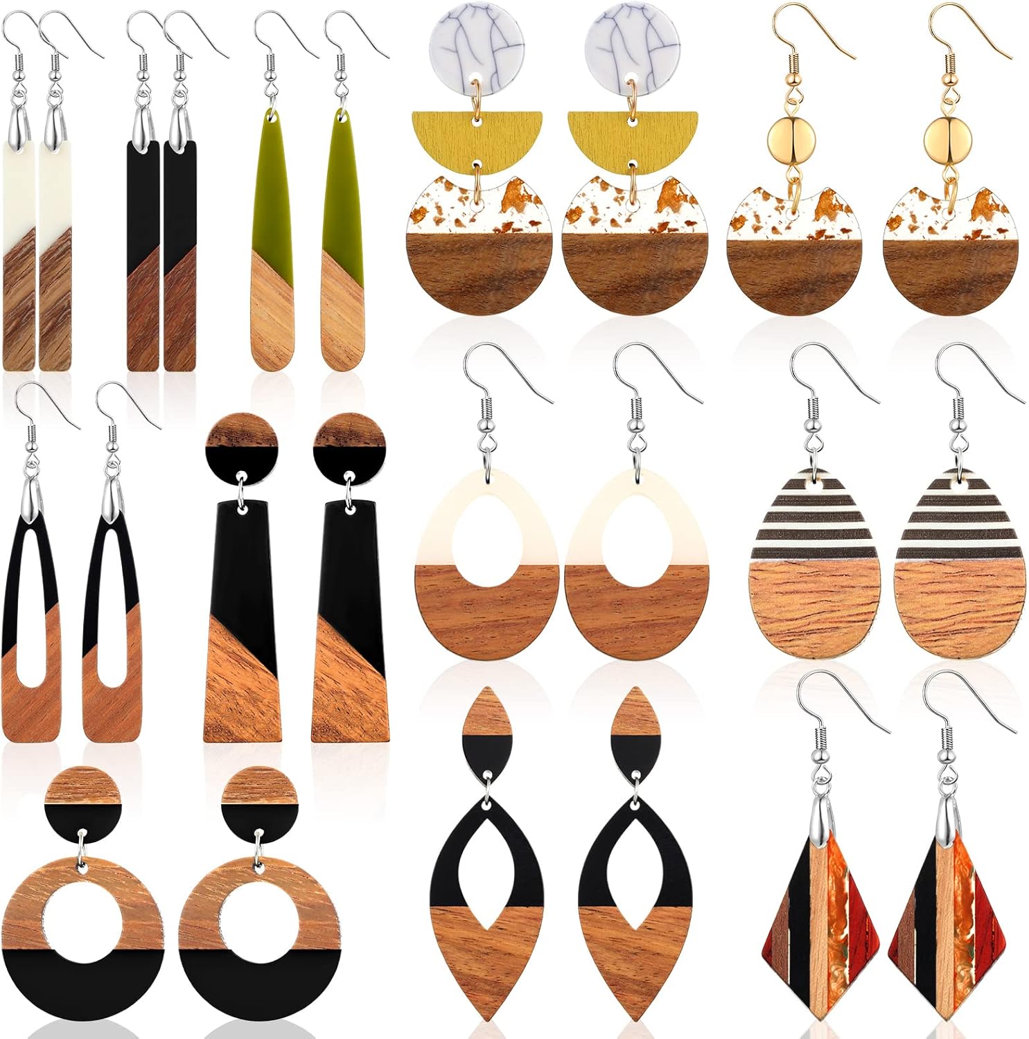 Henoyso 12 Pairs Wooden Earrings for Women Boho Dangle Geometric Lightweight Studs Resin Statement Earring