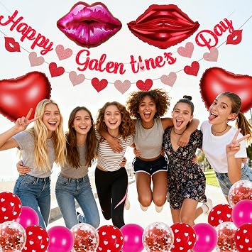 Galentines Day Decorations, Galentines Day Balloons Includes Lips Lipstick Balloons Heart Shape Balloons and Glitter Banners Happy Galentine Day Decoration for Galentines Day party Decorations