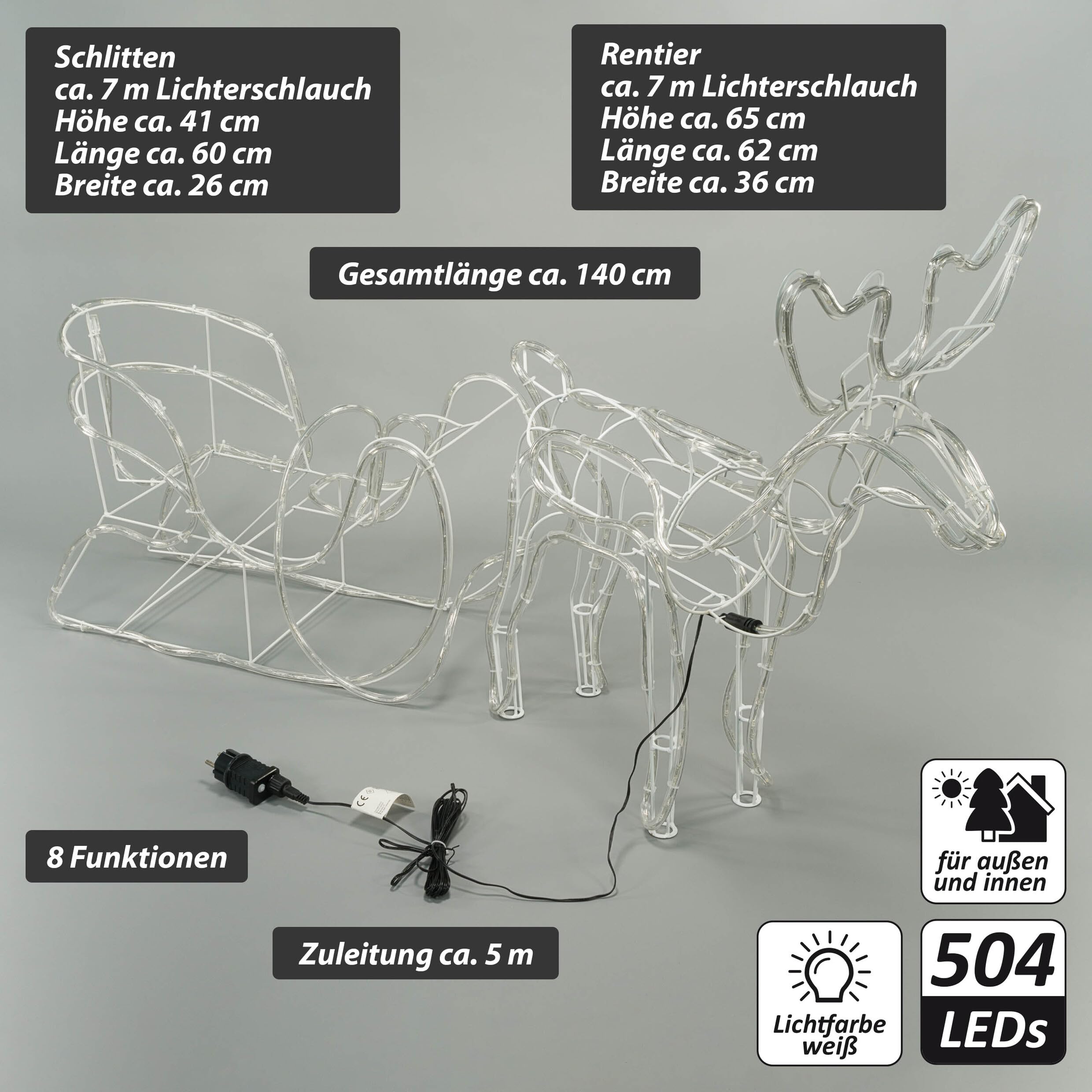 Rentier mit Schlitten aus 14 m Lichterschlauch 504 LED warmweiß kaltweiß mit 8 Funktionen Figur Weihnachtsbeleuchtung 140 cm Länge Leuchtfigur Xmas-Deko (kalt weiß)