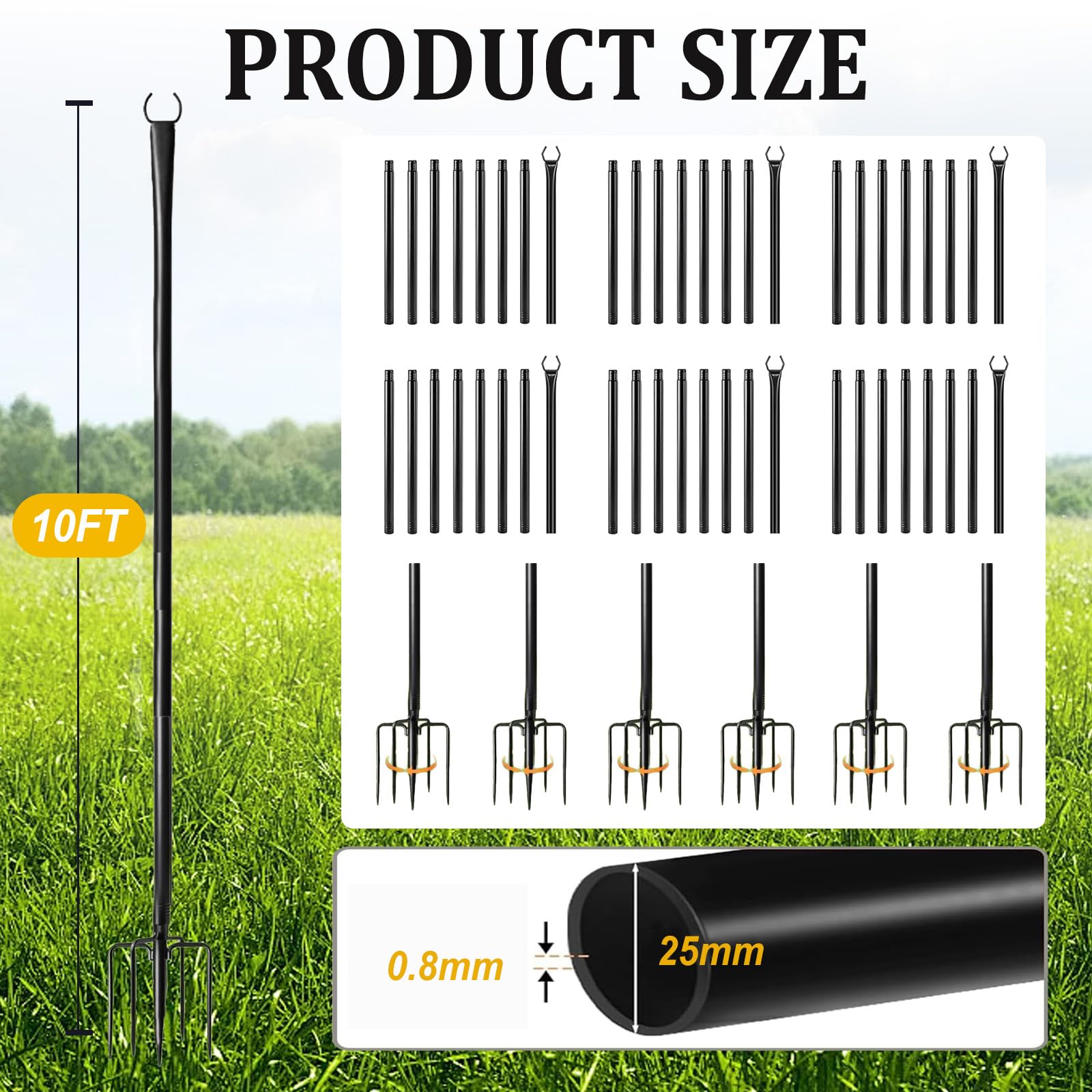 6Pack String Light Poles, 3M/10FT Lichterkettenstangen Lichterkettenmast Außen mit Gabel, Lichterketten Halterung für Draußen, Patio, Deck, Hinterhof, Garten, Party, Hochzeit