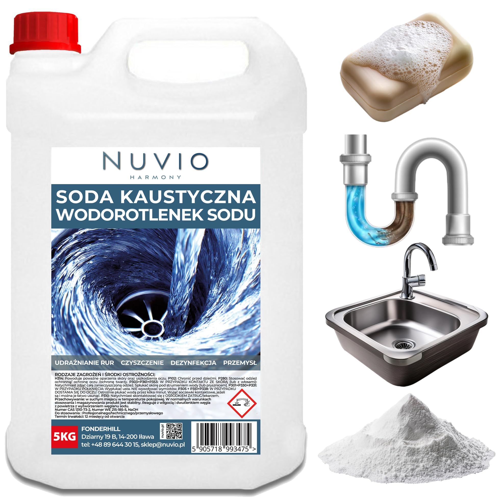 NUVIO, Soda Kaustyczna, Wodorotlenek Sodu NaOH 99%, Granulat, 5kg, Do Udrażniania Rur i Syfonów, Z Rękawicami i Miarką 500ml, Produkt Żrący - Zachować Ostrożność