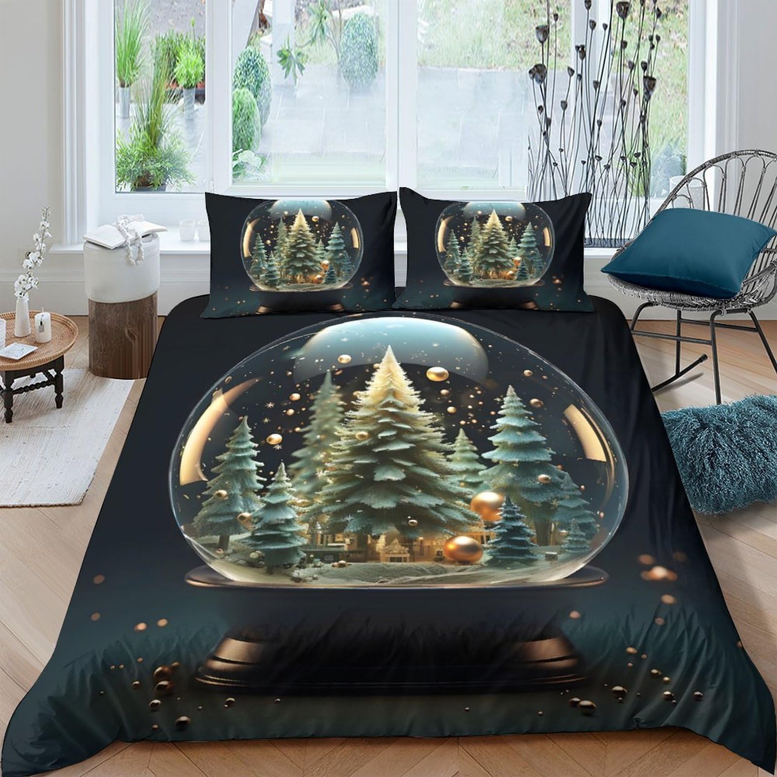 Ctjqhvkz Style-5 3D Printed Christmas Forest Fitted Sheet Microfiber Soft Mattress Cover Deer Snow Globe For Bedroom Guestroom Decor Single（135X200cm）
