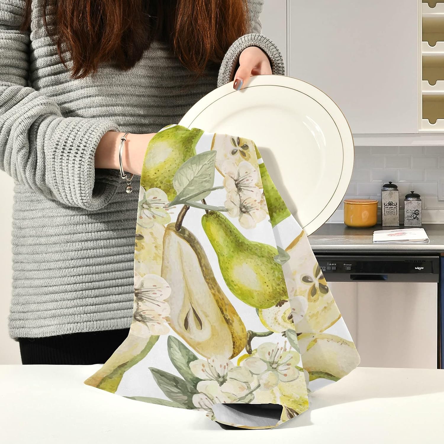 Naanle Pears Flowers Kitchen Towels 1 Pack Dish Cloths Reusable Cleaning Cloths Absorbent Fast Drying Hand Towels Tea Towels Bar Towels for Home 28 x 18 in