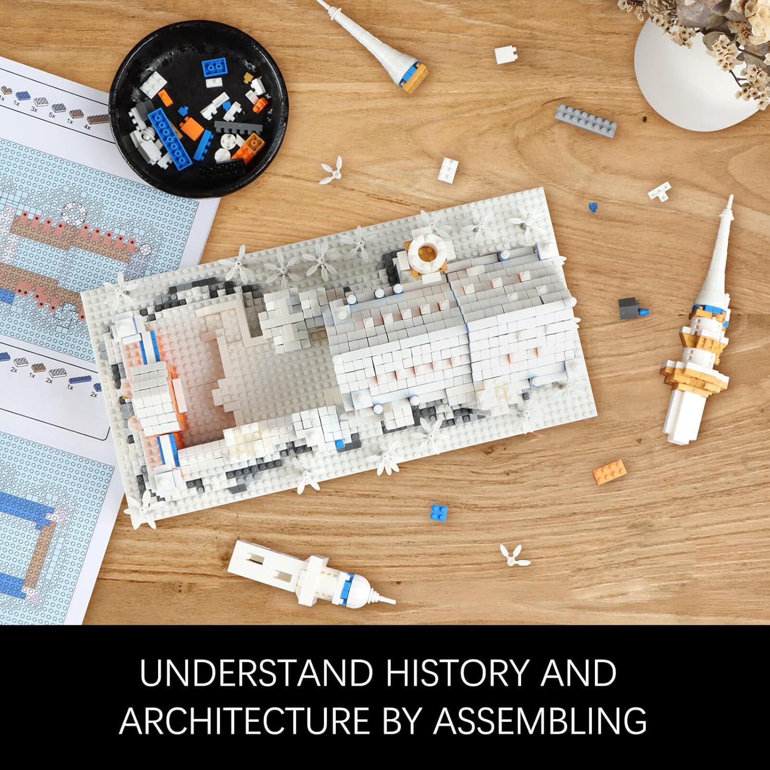 Micro building blocks and instruction manual laid out for assembly.