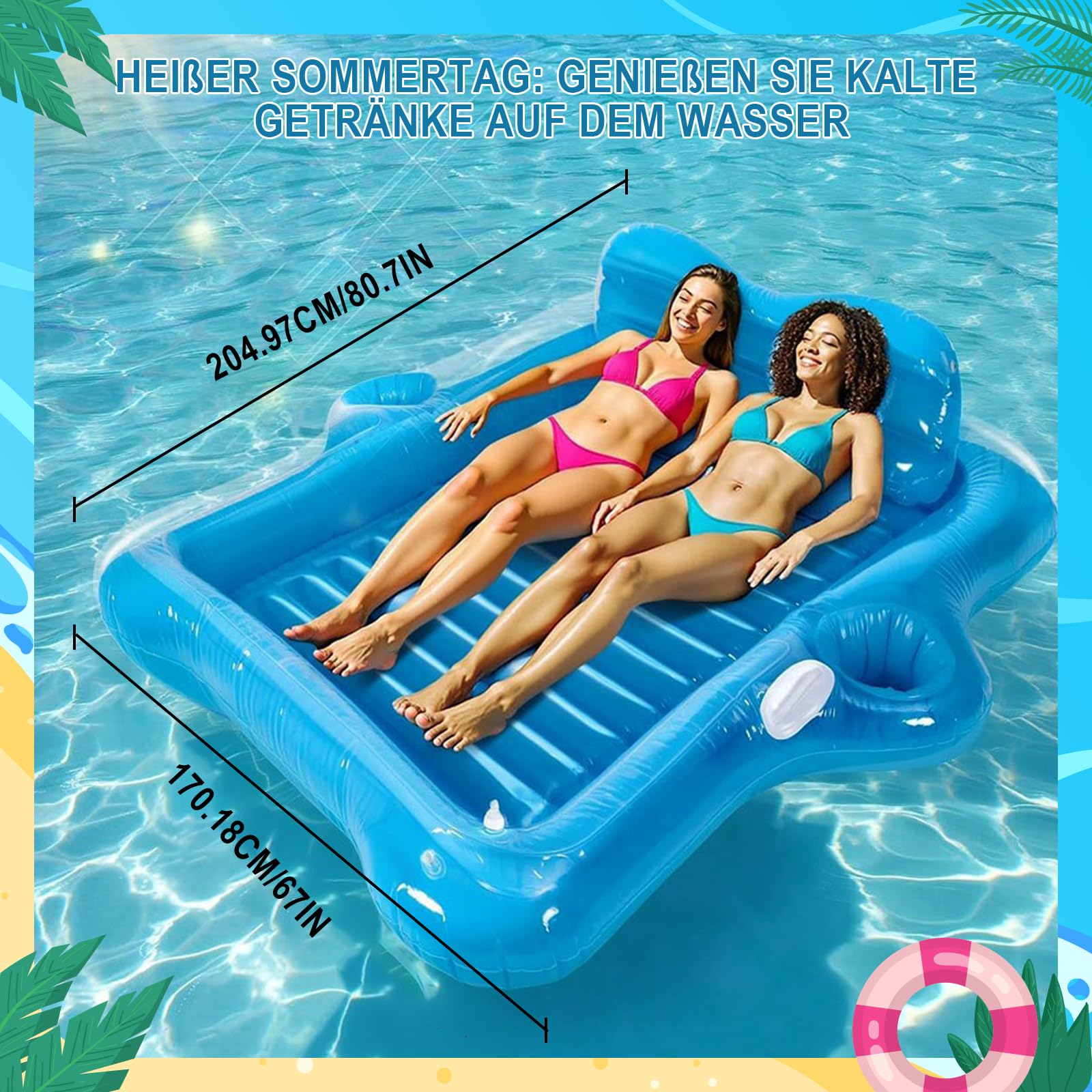 Cama hinchable azul con soporte para tazas, colchón de aire bronceado piscina adulto, mango y respaldo de verano, piscina portátil, grande, inflable para adultos, piscina, playa, diversión de verano