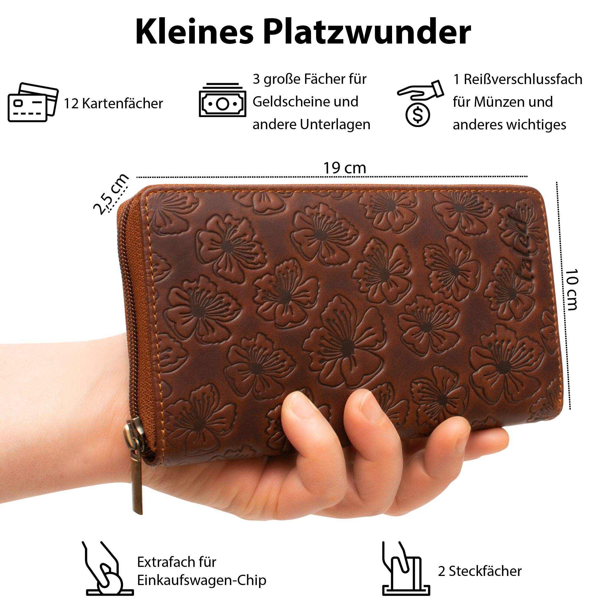 Billetera para Mujer | Grande XXL | Protección RFID | Monedero con Compartimento para Monedas | 12 Compartimentos para Tarjetas | Cartera de Mujer | Caja de Regalo | Marrón Oscuro Natural