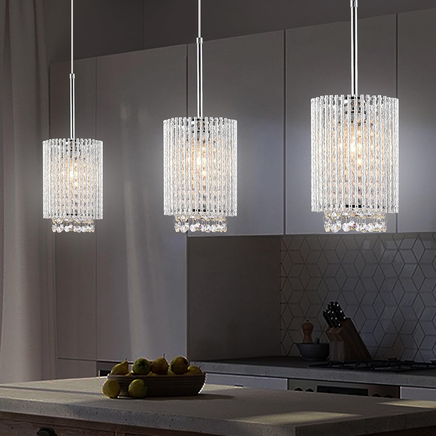 Modern Aluminum Crystal 3-Light Farmhouse Pendant Fixture