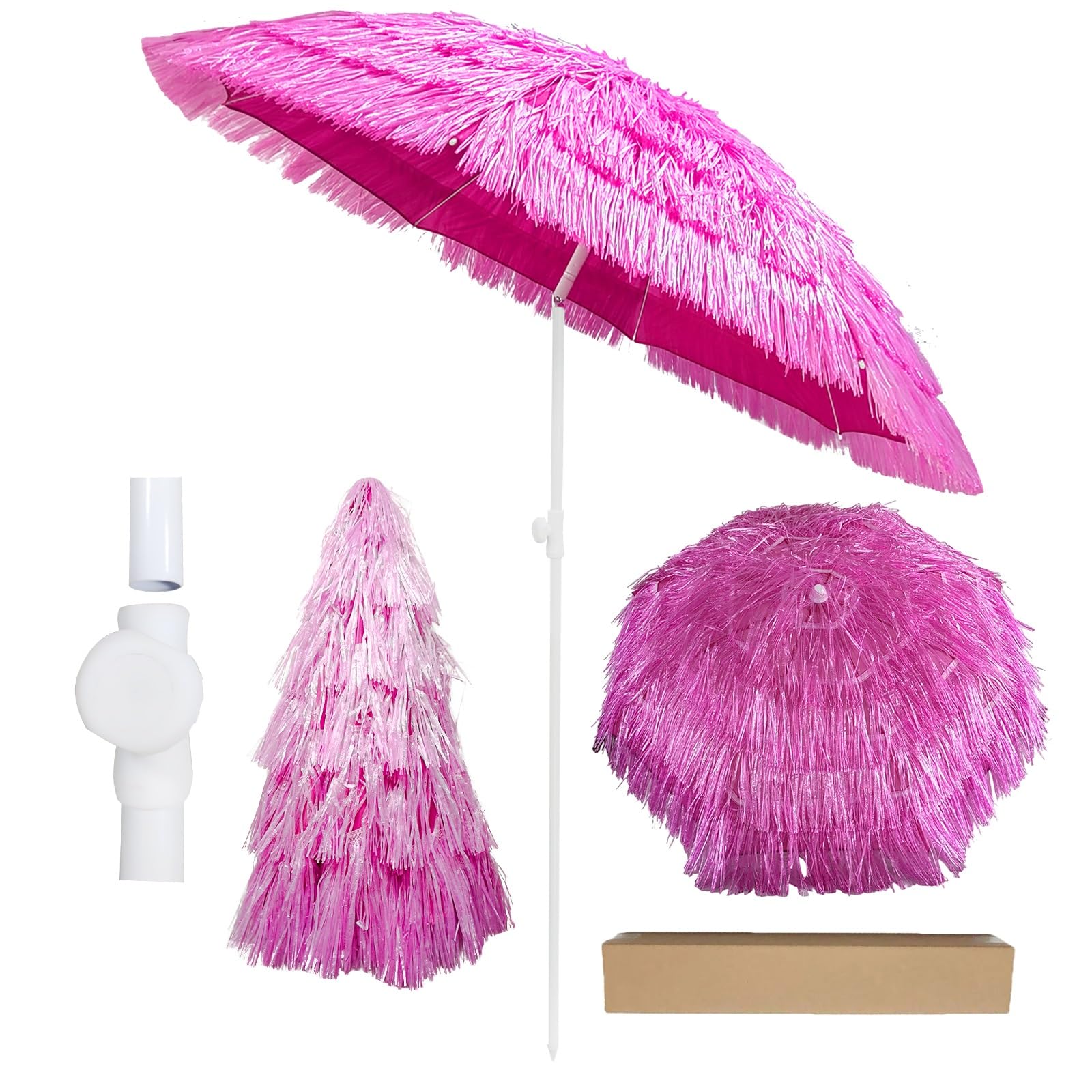 Ggipxalatyr 6.5 Ft Patio Umbrella, Tiki Beach Umbrella Hawaiian Style 8 Ribs UPF 50+, Tiki Beach Umbrella With Tilt For Tropical Palapa, Patio Garden Beach Pool Backyard-pink Color
