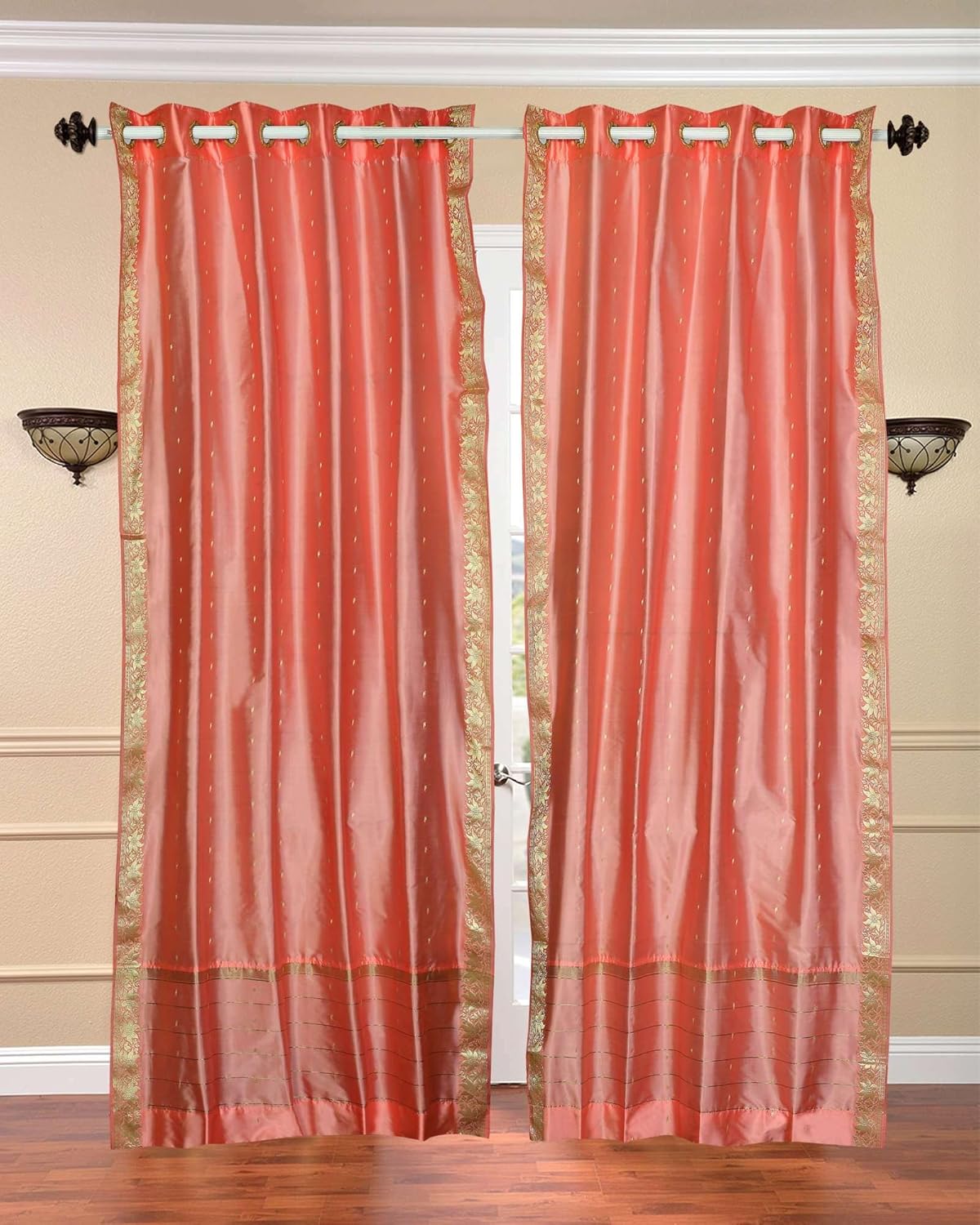 Indian Selections Peach Pink Ring Top Sheer Sari Curtain/Drape/Panel - 43W x 108L - Piece