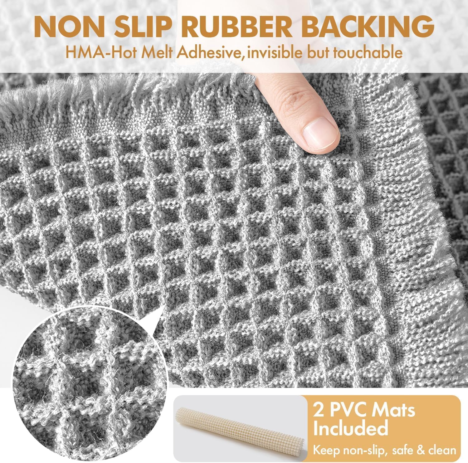  Set of 2 Waffle Bathroom Rugs Boho Bath Mat Light Grey 17x24 Inch thumbnail