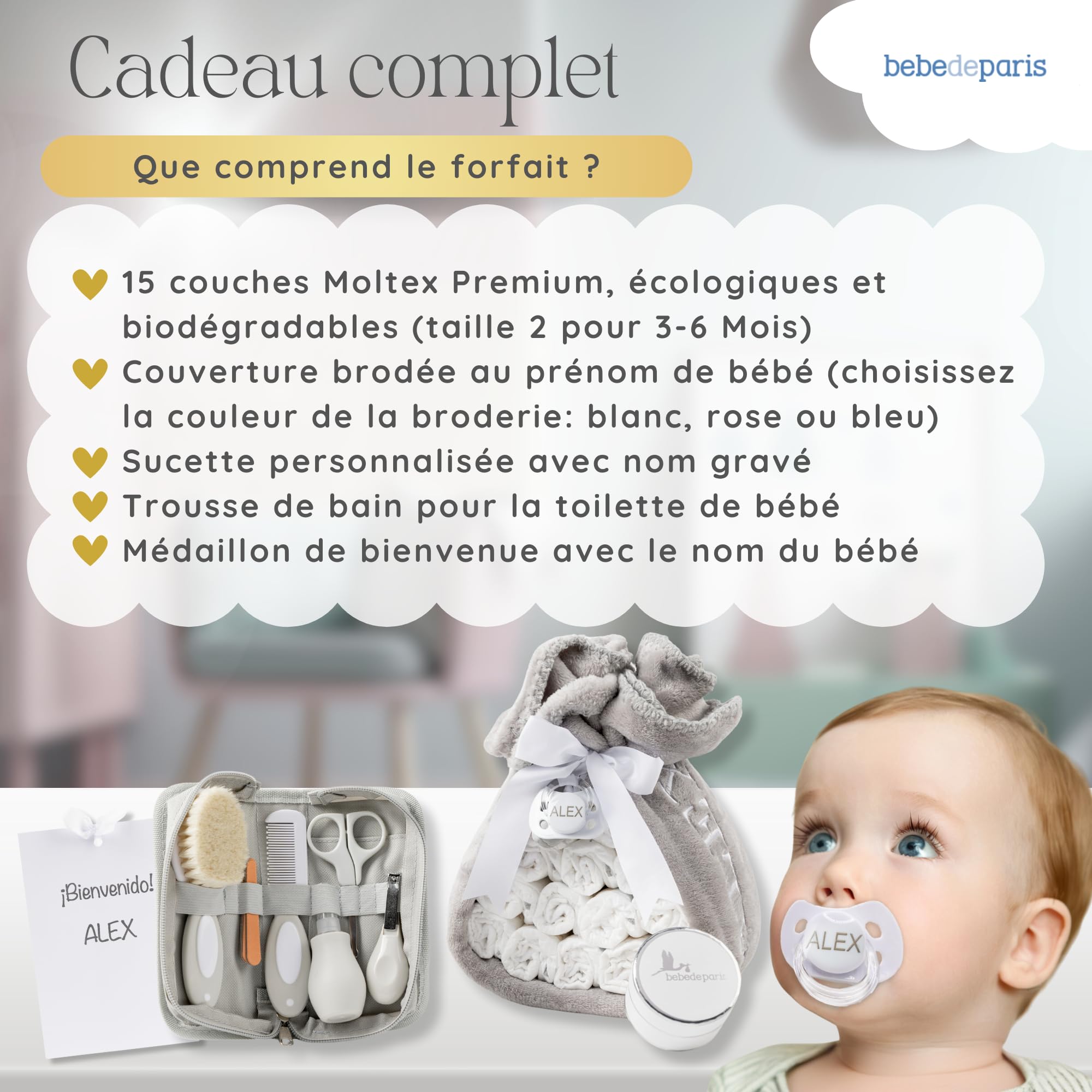 BebeDeParis Gâteau de Couches avec Kit de Toilette Bébé - Couverture Polaire Personnalisée + Tétine Personnalisée + 15 Couches Moltex - Cadeau de Naissance Neutre