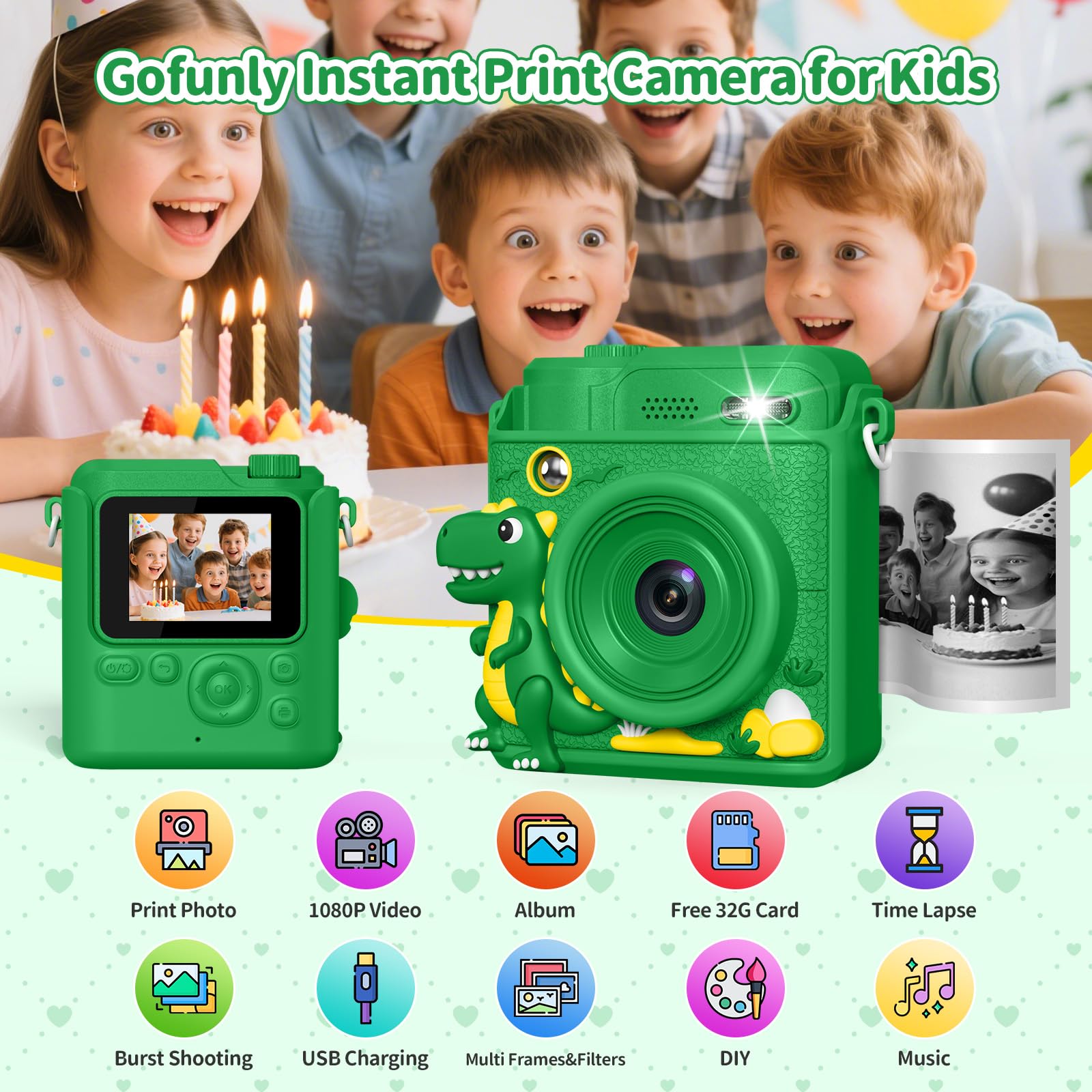 Gofunly Kids Camera Instant Print, 1080P Digital Camera for Kids with 32GB Card & 5 Print Paper Rolls - Image 2