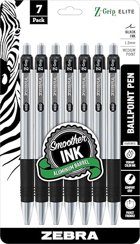 Zebra Pen Z-Grip Elite - Bolígrafo retráctil, barril de metal, punta media, 0.039in, tinta negra, paquete de 7 (27617)