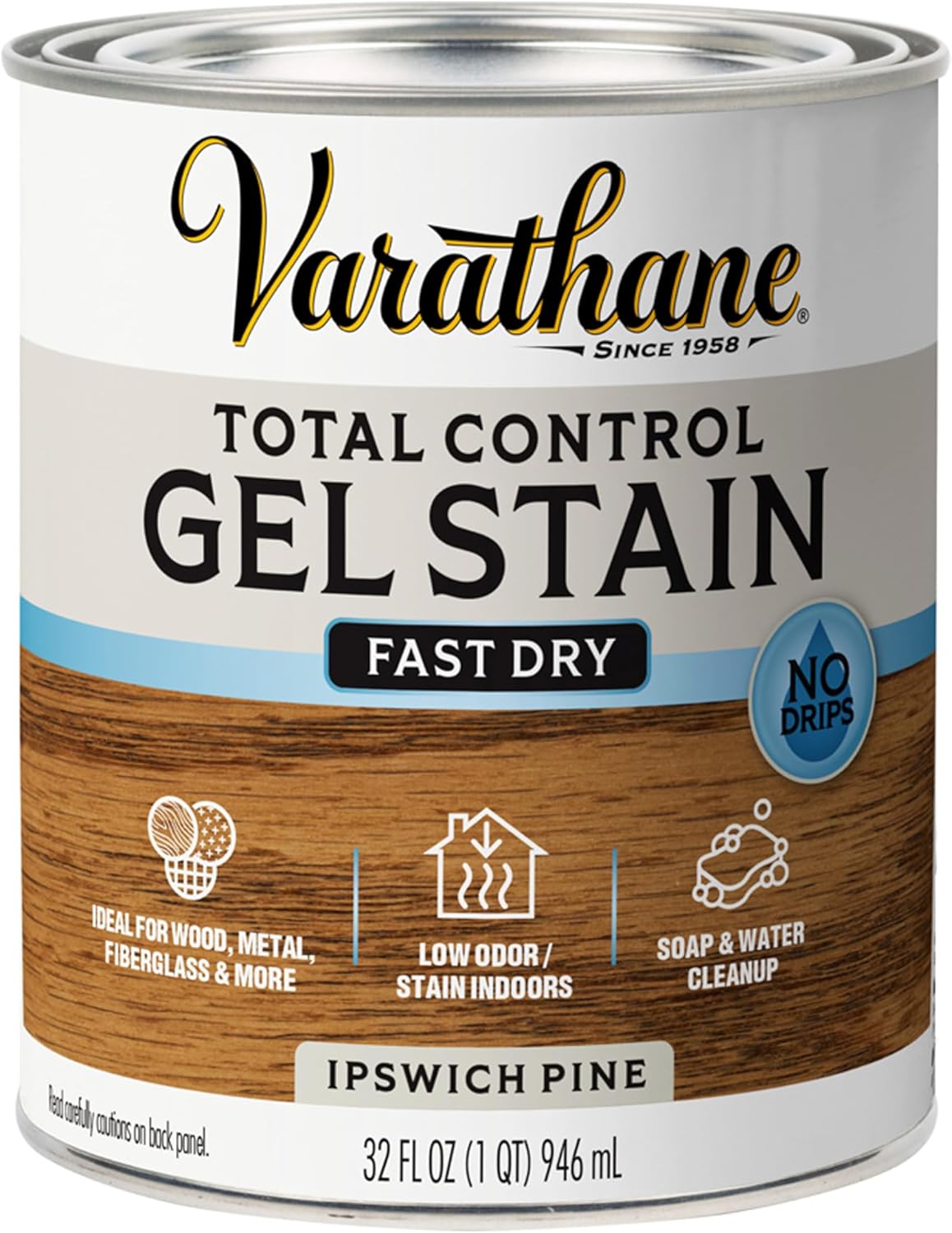 Varathane Total Control Gel Stain | Low Odor Water-Based Formula | Thick Gel Formula for Vertical Surfaces | Ideal for Wood, Metal & Fiberglass | Quart | Ipswich Pine