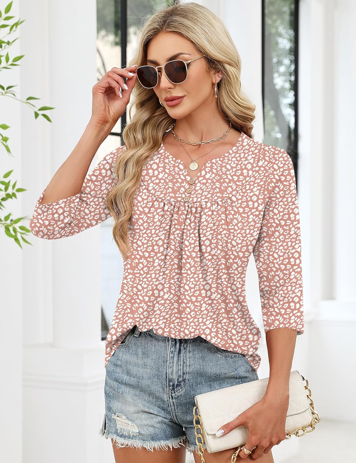 LOMON 3/4 Length Sleeve Womens Tops Dressy Casual Henley V Neck Blouses Loose Fit Tunics 2026 Trendy Summer Outfits - Image 3