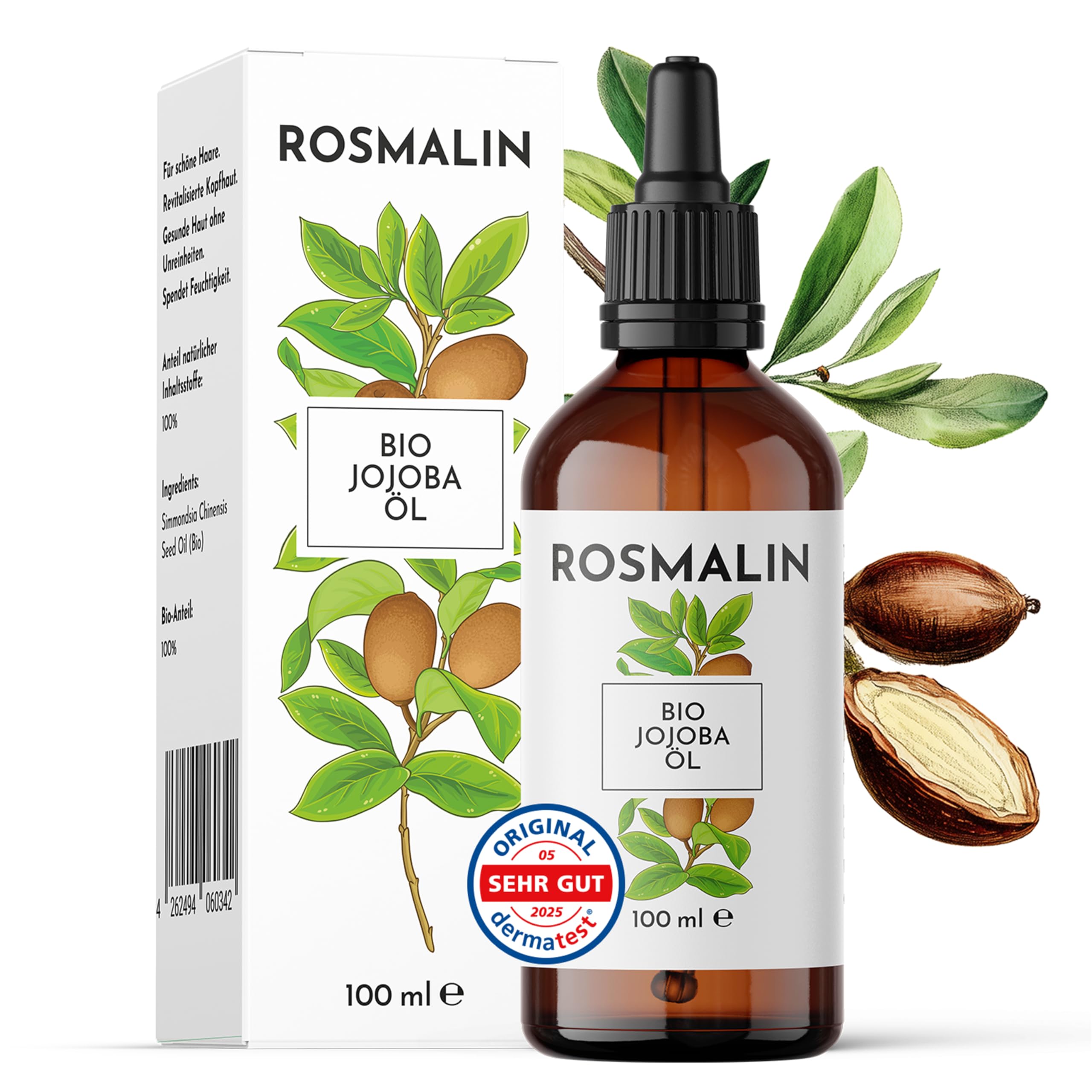 Rosmalin® Jojobaöl Bio kaltgepresst - Jojoba Oil - Für Haare, Kopfhaut, Körper & Gesicht - Geeignet für Kosmetik - Pflegende Kopfhautbehandlung, 100 ml