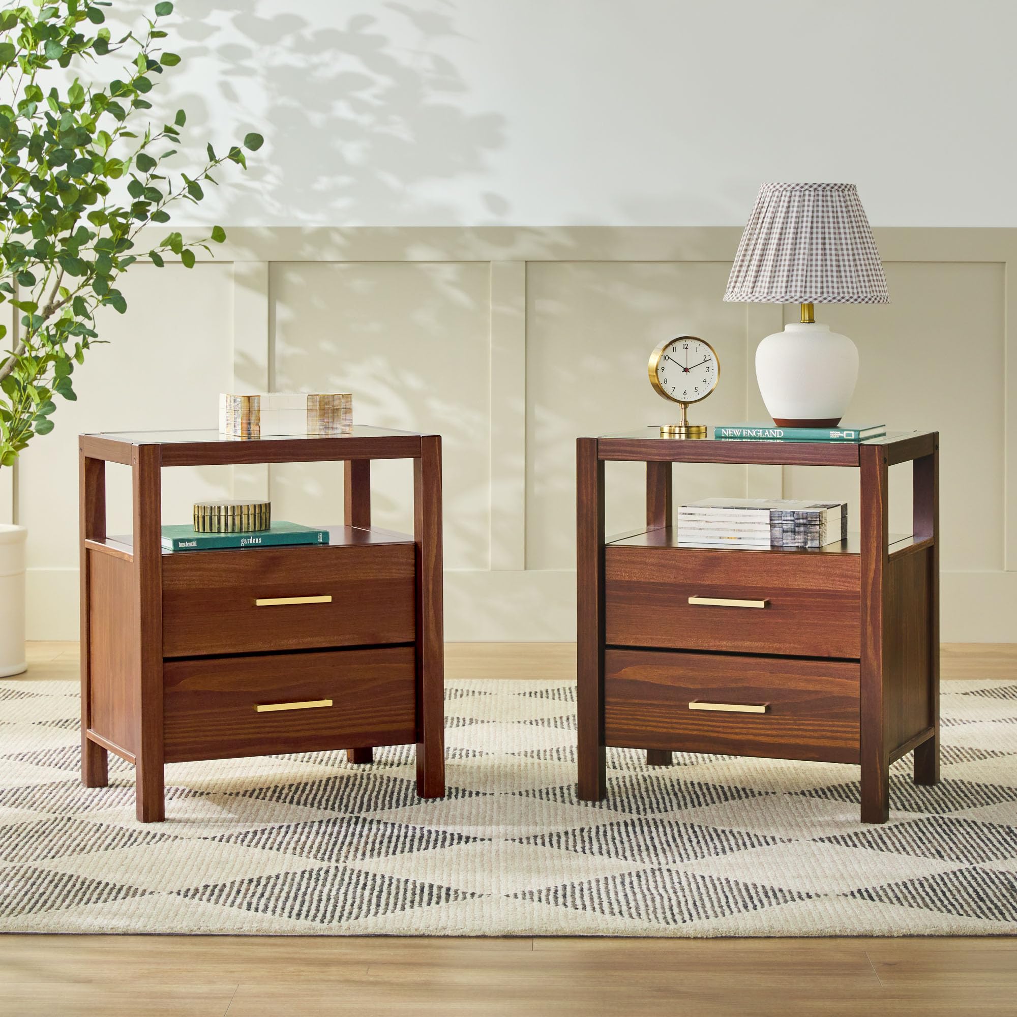 Walker Edison 2-Pack Isla Modern Solid Wood 2 Drawer Nightstand Side Tables with Glass Top, 22 Inch, Walnut