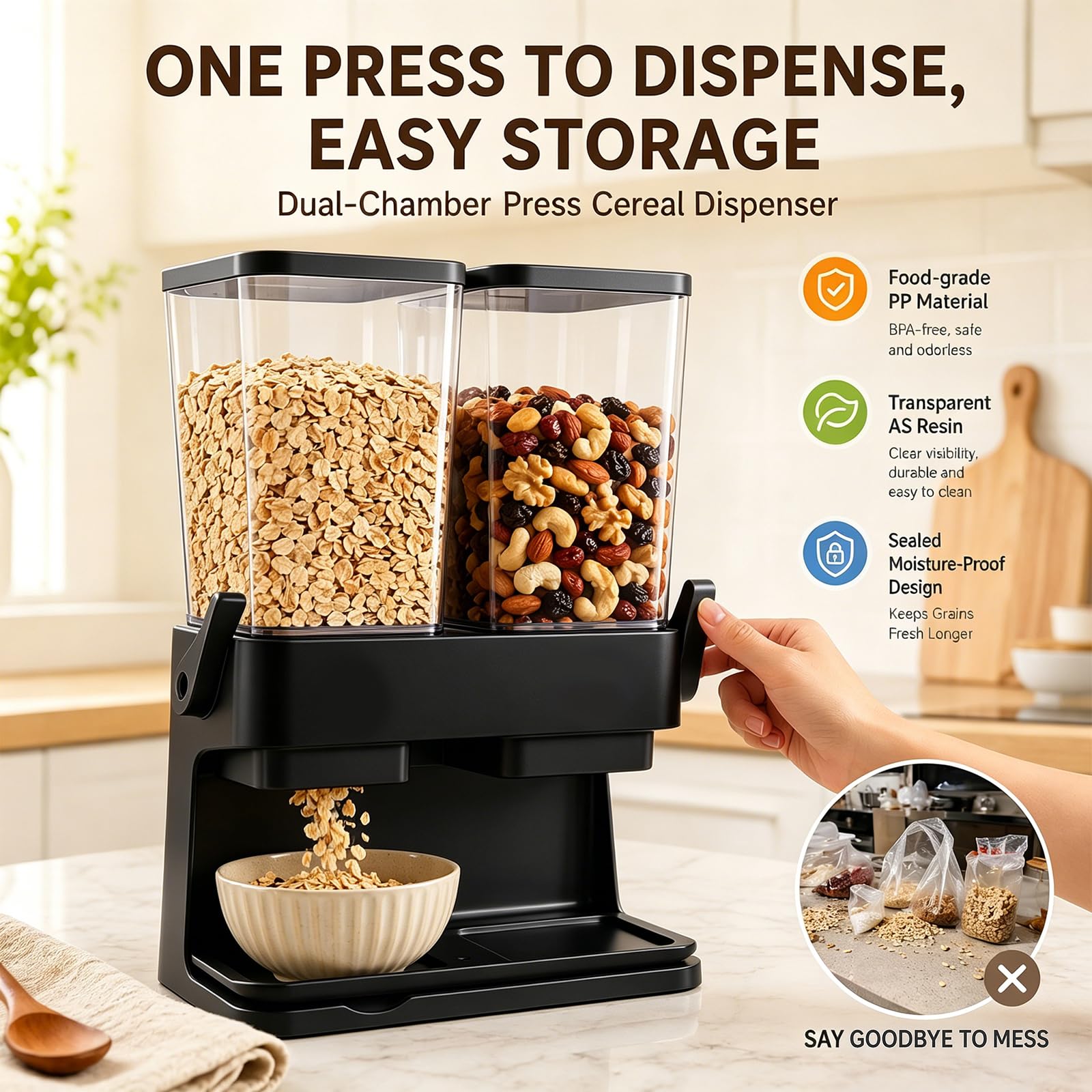 Juego de 2 dispensadores de cereales, recipiente de almacenamiento hermético doble de 3 L para cereales, caja transparente para frutos secos, granos de café y comida seca, recipiente de almacenamiento