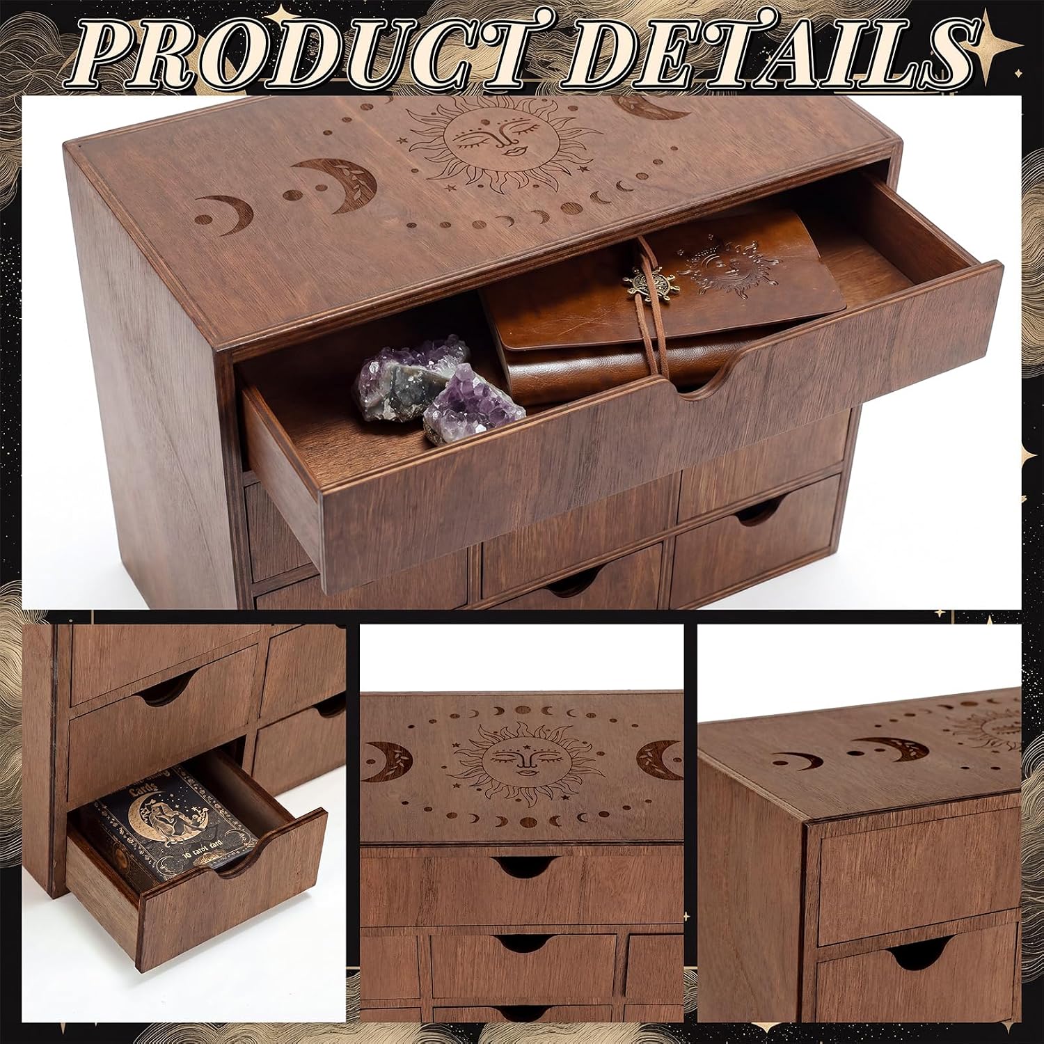 SiliFine Handcrafted Tarot Card Holder Box 13-drawer Sun and Moon Trinket Box for Tarot Card Crystals Healing Stone Herbs Decks Divination Tools Wooden Jewelry Decorative Storage Organizer
