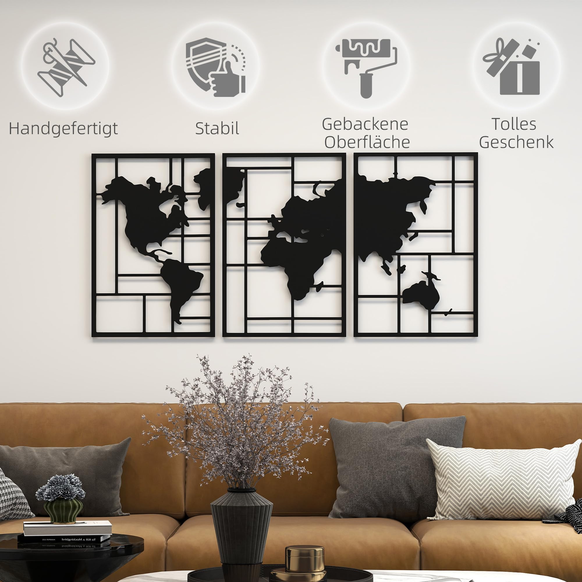 HOMCOM Wanddeko Weltkarte Metall 3er-Set 3D Wanddekoration Wandkunst für Wohnzimmer Schlafzimmer Flur, 50 x 80 cm, Schwarz