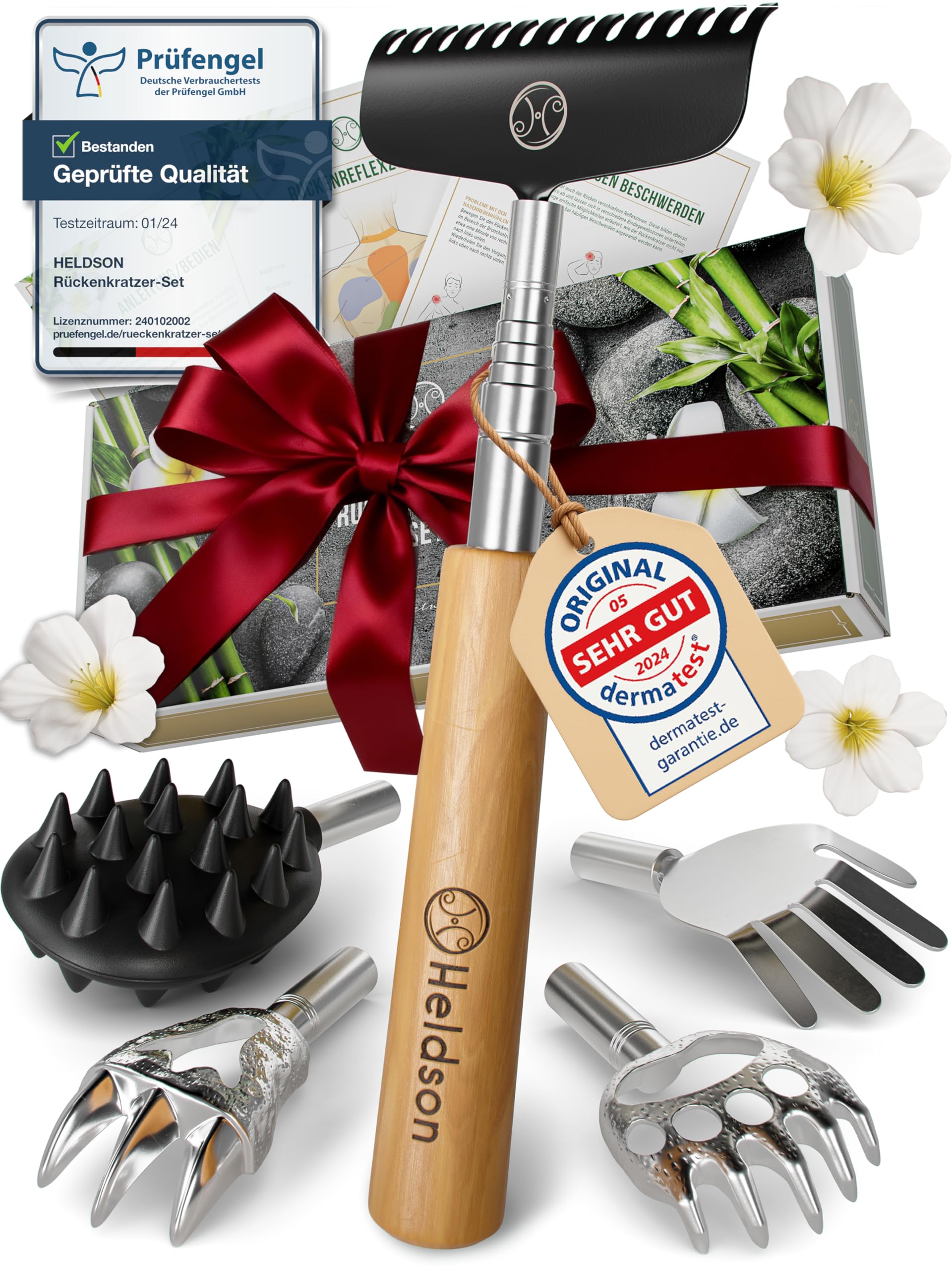 HELDSON® Rückenkratzer Holz [Inklusive 5 Kratzaufsätze] - Vatertagsgeschenk - Männer Geschenke - Geschenkset - Vatertag - Kratzhand - Rücken Massage - Geschenk für Papa - Geschenkideen