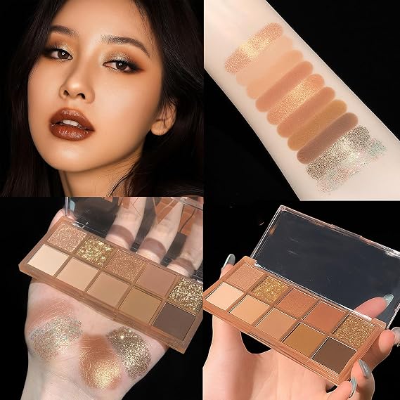 Warm Brown Eyeshadow Palette, 10 Matte And Shimmer Shades, 2 Brushes | Powder Eye Shadow In Beige, Champagne, Gold, Copper, Tan And Taupe, Hinged Case, For Soft Daytime Or Defined Evening Looks
