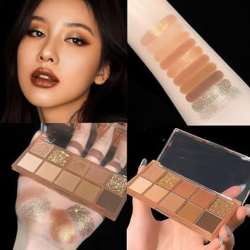 Warm Brown Eyeshadow Palette, 10 Matte And Shimmer Shades, 2 Brushes | Powder Eye Shadow In Beige, Champagne, Gold, Copper, Tan And Taupe, Hinged Case, For Soft Daytime Or Defined Evening Looks