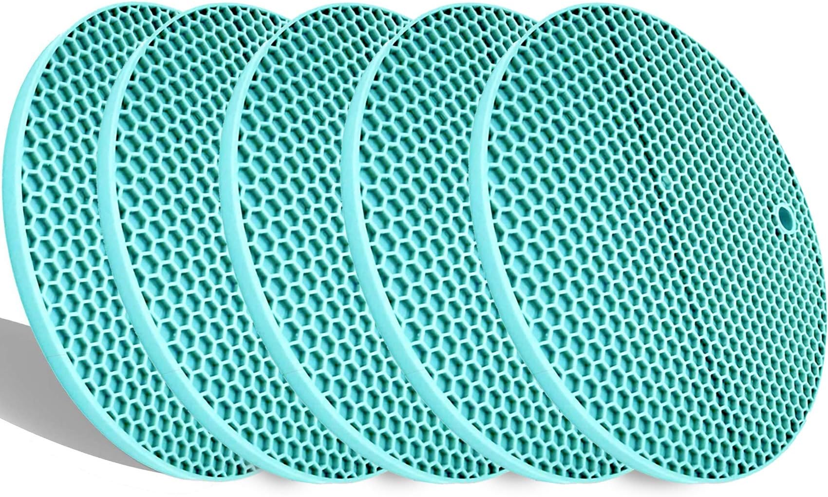 5 Pcs Round Silicone Trivets Pot Holder Mats,Extra Thick Heat Resistant Kitchen Countertop Mats,Honeycomb Rubber Hot Pads Trivets for Hot Dishes,Flexible Jar Opener Multi-Purpose Coasters Teal