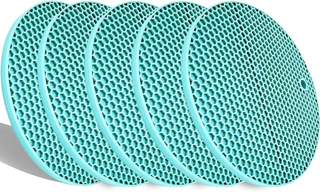 LogHog Set of 5 Thickened Silicone Pot Coaster Trivet Mats,Pot Holder/Hot Pads,Non Slip Durable Flexible Table Mats Round Honeycome Multipurpose Kitchen Heat Resistant Mat (Teal)